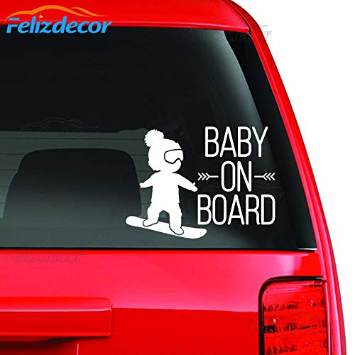 White & Black Baby on Board Car Decal - Cool Snowboard Boy Vinyl Sticker for Car Windows - Safe & Durable L717 - Perfect for Family Vehicles, SUVs & Minivans
