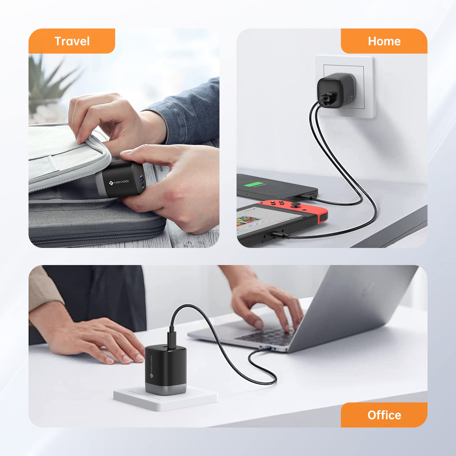 NOVOO 67W GaN Fast Charger with 2-Port USB C PD - Compact Wall Charger for MacBook Pro/Air, iPad Pro, Pixel 7, Dell XPS 13, iPhone 14, Galaxy S23 (Black) | Perfect for Travel, Office & Home Use
