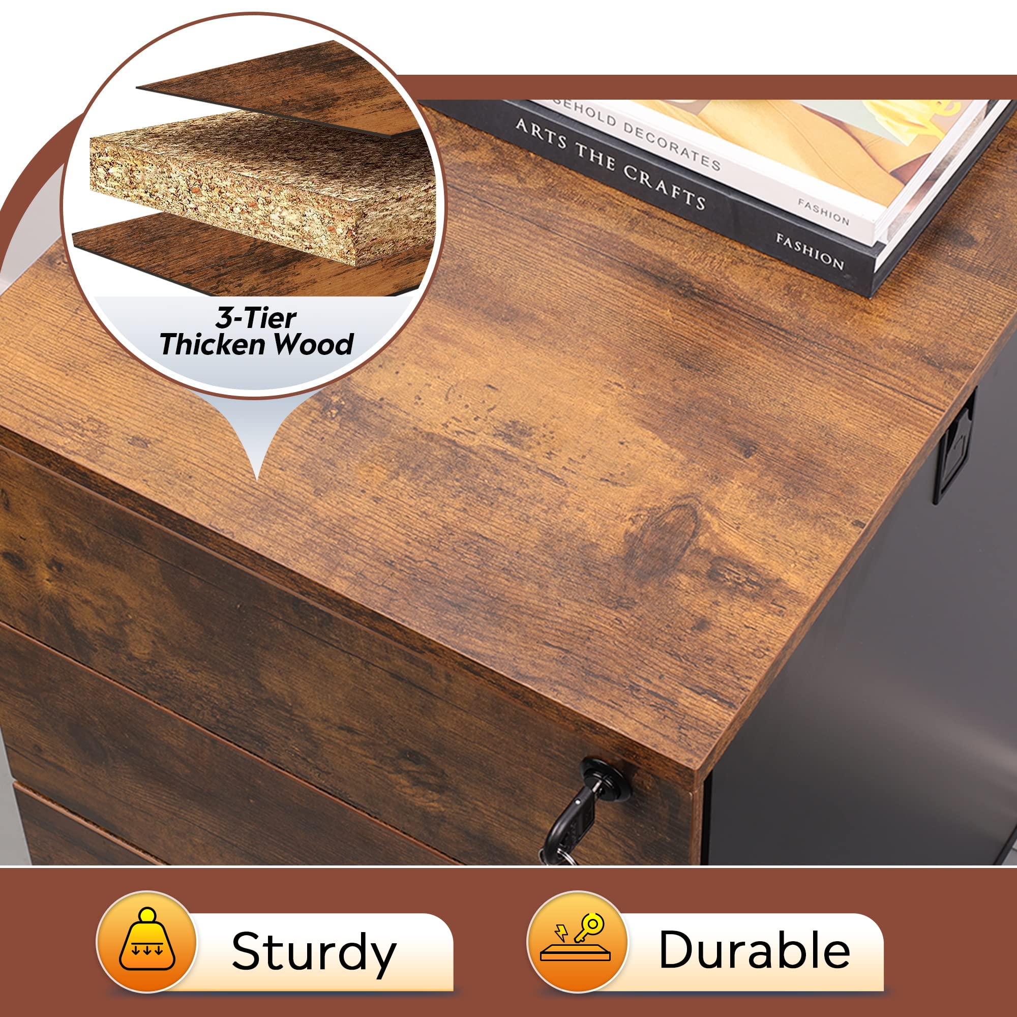 DEVAISE 3-Drawer Rolling File Cabinet with Lock - Wooden Under Desk Storage Organizer for Letter/Legal/A4 Documents - Rustic Brown Home Office Furniture for Small Spaces & Workspaces