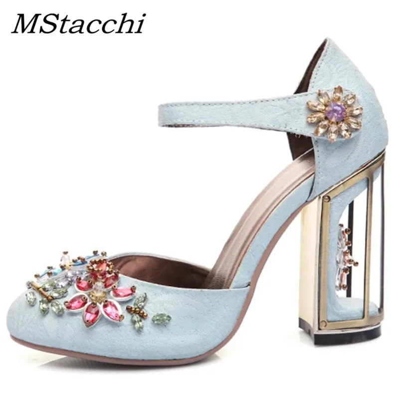 Elegant Crystal Embellished Mary Jane Pumps for Women - Rhinestone Wedding Shoes, Handmade High Heel Party Sandals (Perfect for Bridal, Prom, Evening Events & Special Occasions)