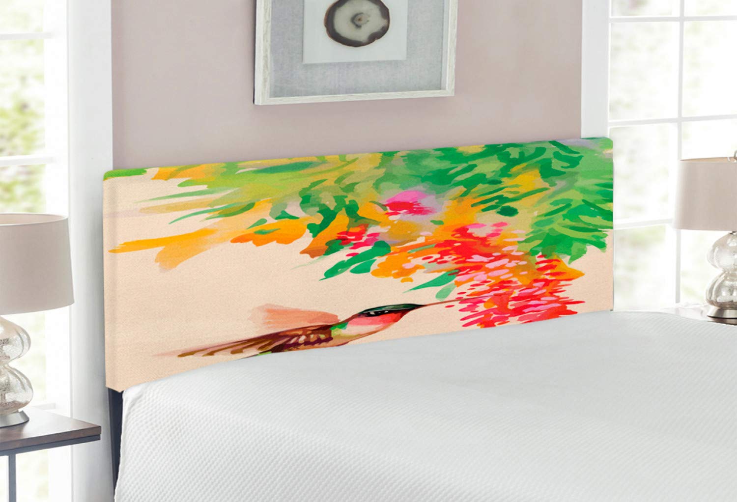 Ambesonne Hummingbird Watercolor Headboard - Full Size Upholstered Metal Bed Frame with Memory Foam | Exotic Colibri Bird & Floral Design in Green, Red & Beige | Perfect for Bohemian & Nature-Inspired Bedroom Decor