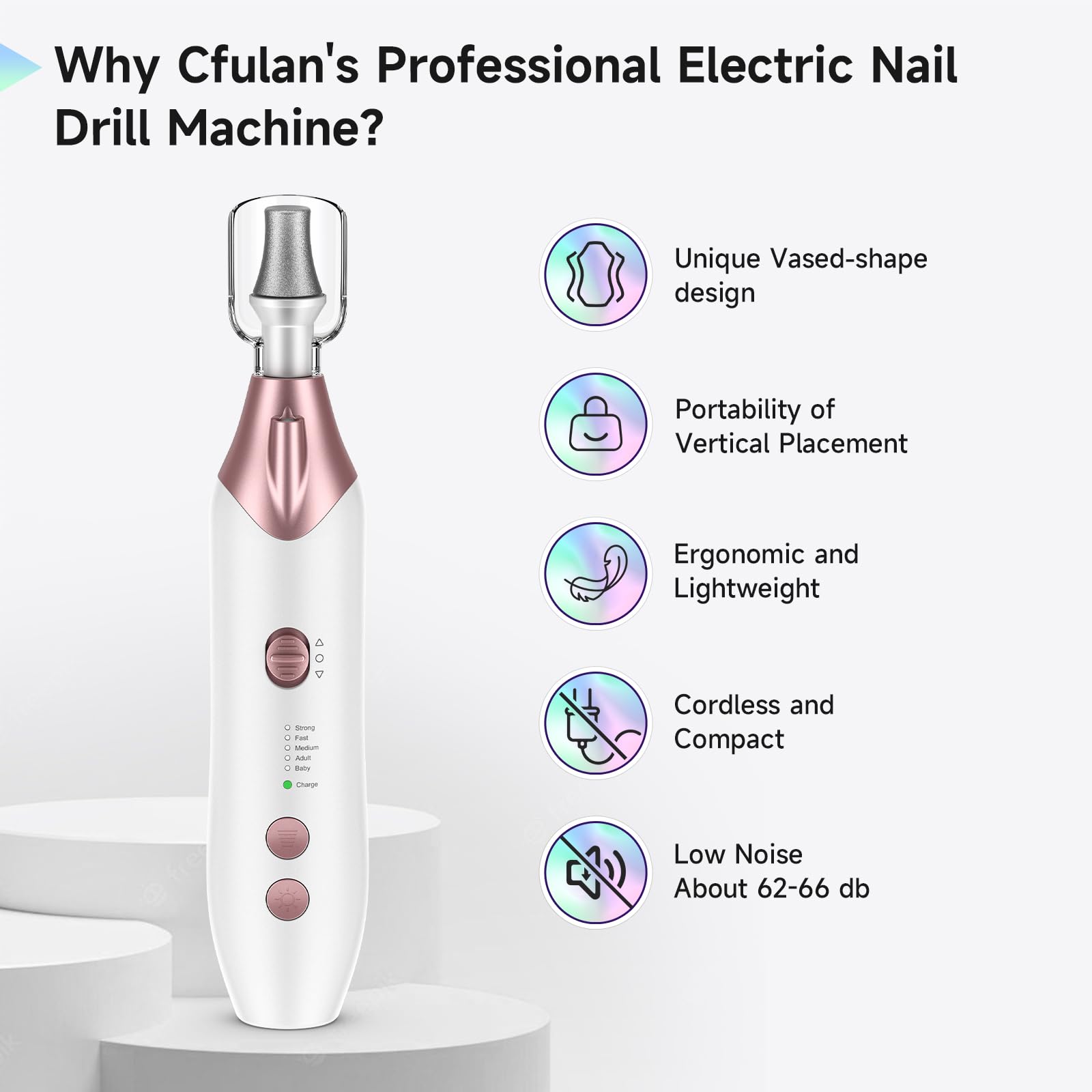 10-in-1 Cordless Electric Nail Drill Kit - Professional Rechargeable Manicure & Pedicure Set with 5 Adjustable Speeds, Toenail Grinder for Thick Nails - Perfect for Home Salon, DIY Nail Care & Professional Use (White)