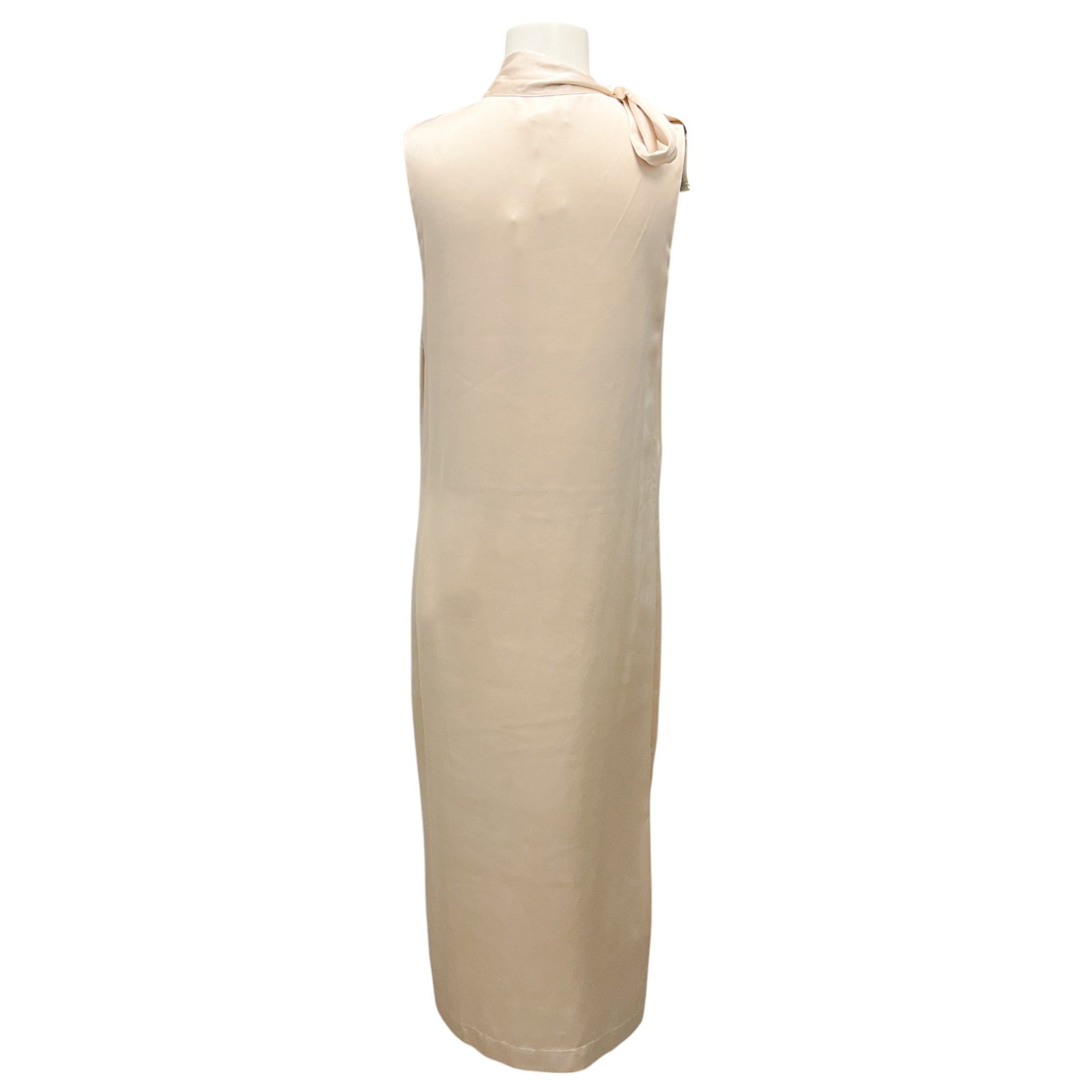 Peserico Champagne Beaded Embellished Tie Neck Sleeveless Satin Midi Dress for Wedding Guest, Cocktail Party & Special Occasions