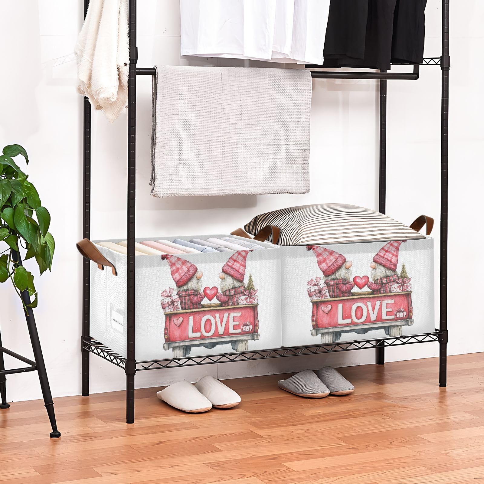 Valentine's Day Red Truck Gnomes Foldable Storage Bins with Handles & Labels - 2 Pack Collapsible Organizer Baskets for Home, Living Room, Closet, Shelves - Decorative Storage Cube Box for Holiday Decor & Gift Organization