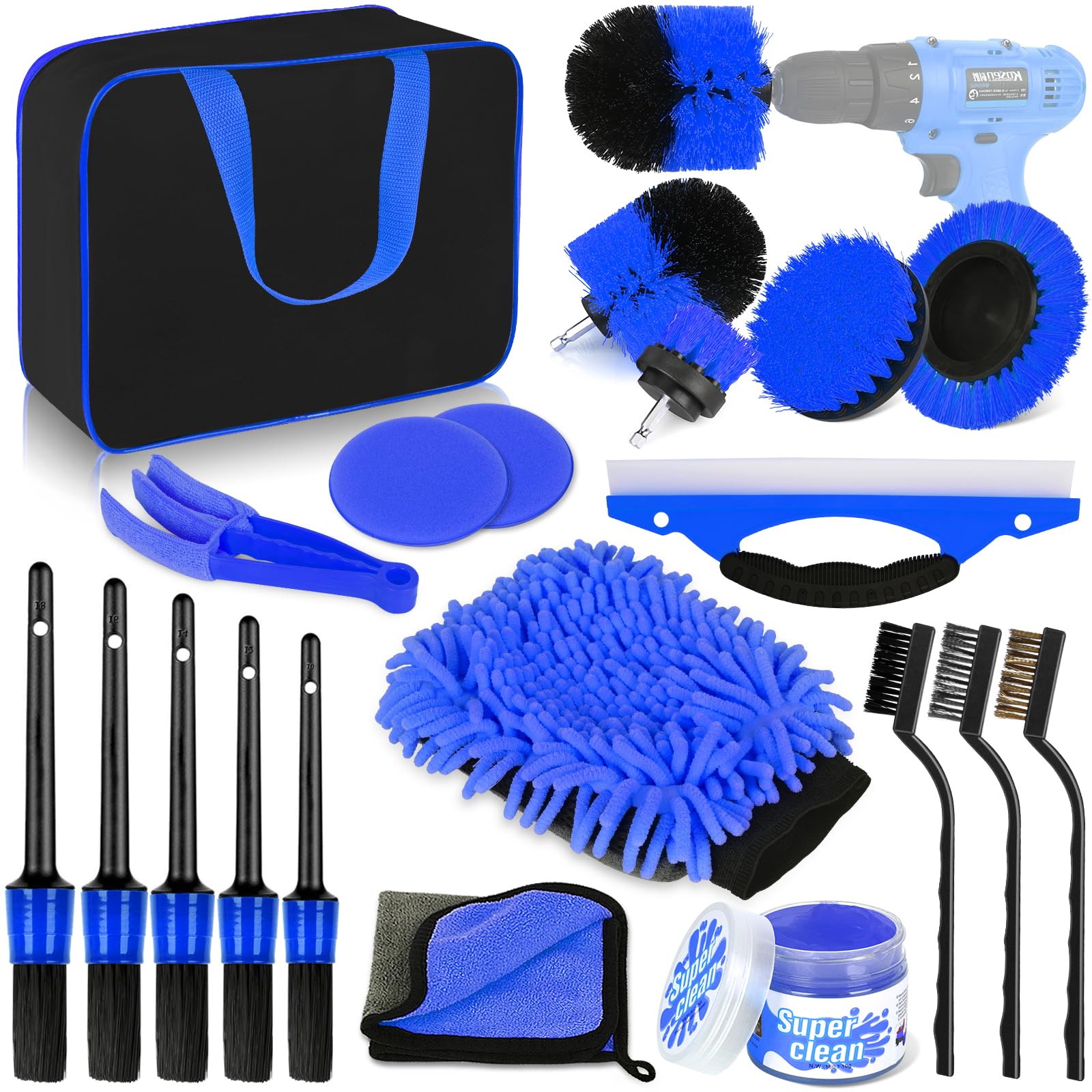 20-Piece Professional Car Cleaning Kit with Detailing Brushes & Carry Bag - Interior & Exterior Auto Care Set for Dashboard, Wheels, Leather Seats - Perfect for Car Wash, Detailing & Maintenance (Blue)