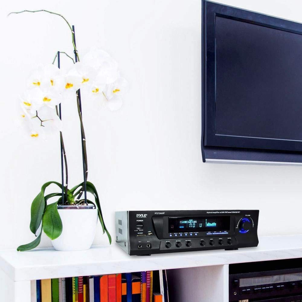 Pyle Wireless Bluetooth Audio Power Amplifier - 300W 4 Channel Home Theater Stereo Receiver with USB, AM/FM Radio, 2 Mic Inputs with Echo, RCA, LED Display, Speaker Selector - Perfect for Studio, Home Theater, Karaoke & Party Use - PT272AUBT (Black)