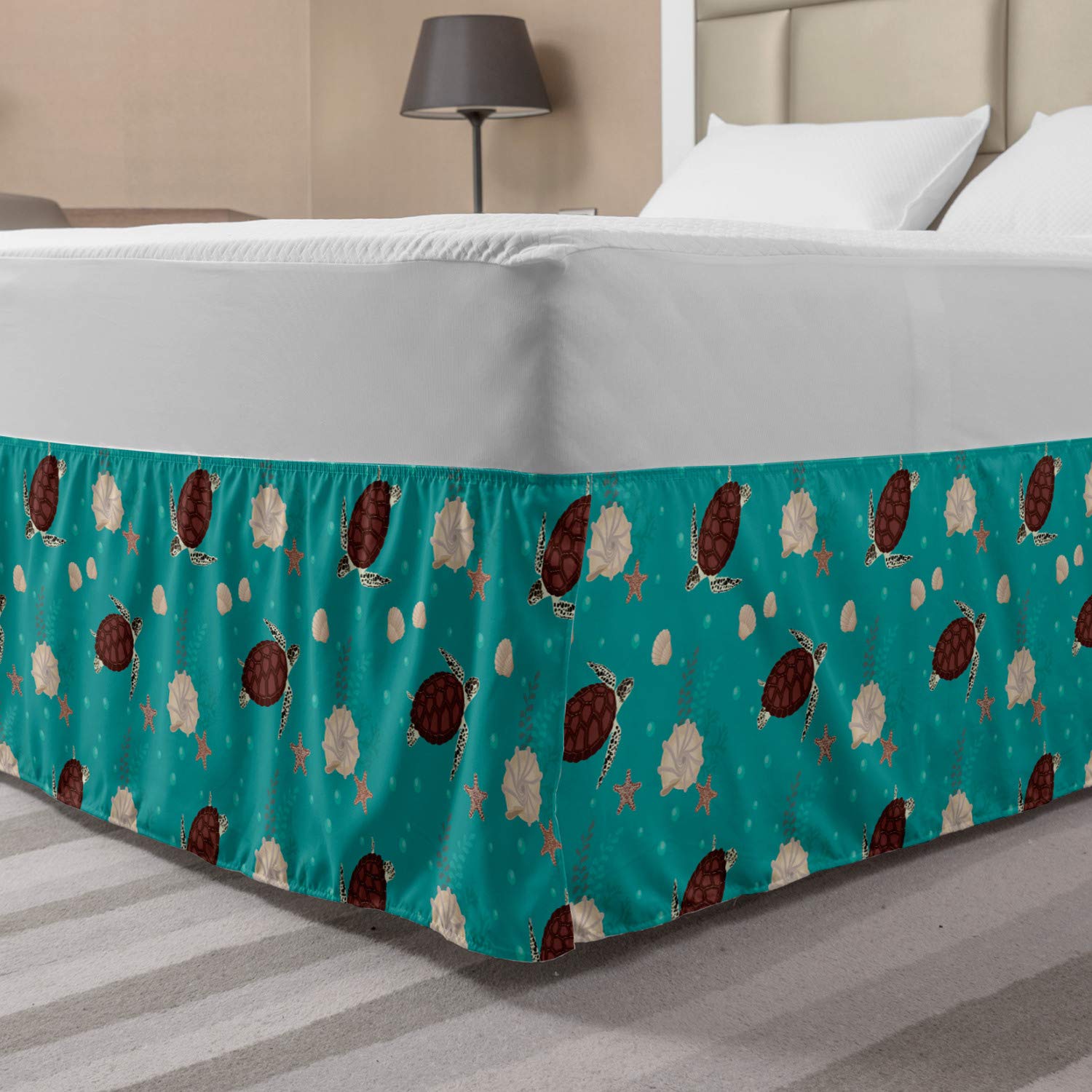 Ambesonne Marine Bed Skirt with Continuous Bubbles, Turtles, Starfish & Shells - Elastic Wrap Around Gathered Design for King Size Beds - Dark Seafoam Chocolate - Perfect for Beach Themed Bedrooms & Coastal Home Decor