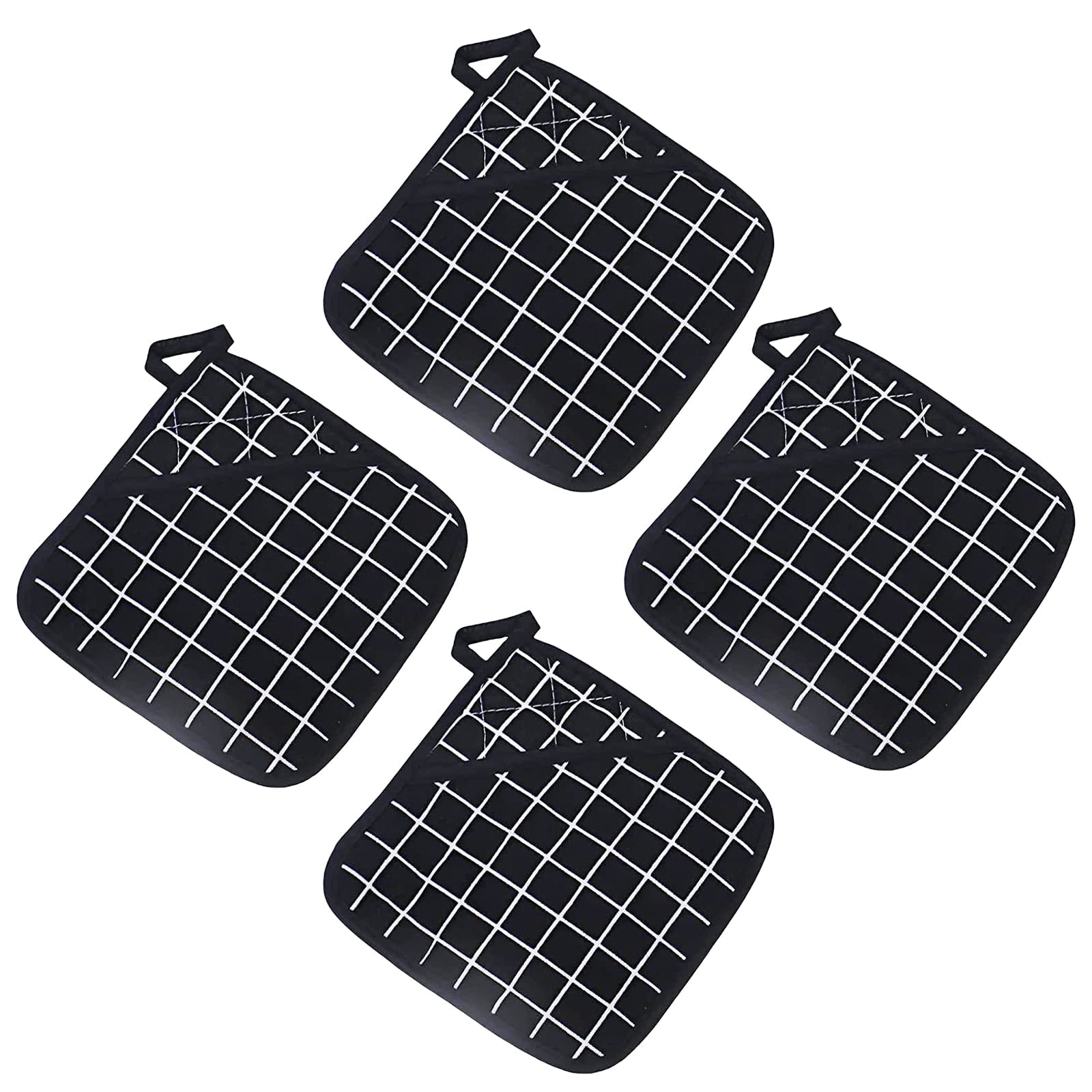 4-Piece Black Cotton Pot Holders & Oven Mitts Set with Pocket - Heat Resistant Kitchen Accessories for Baking, Cooking & Grilling - Square Oven Mitts & Table Mats to Prevent Burns