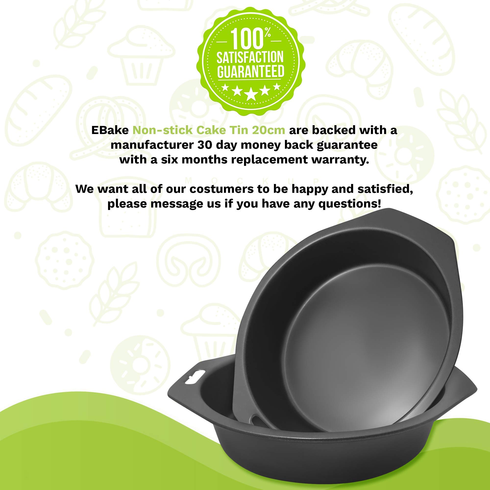 ebake Victoria Sponge Cake Tins - 2 Pack 8 Inch Non-Stick Round Cake Pans for Baking Cakes, Pies, Puddings - Easy Clean Black Carbon Steel Fixed Base with Handles - Perfect for Birthday Cakes, Tea Parties & Holiday Desserts