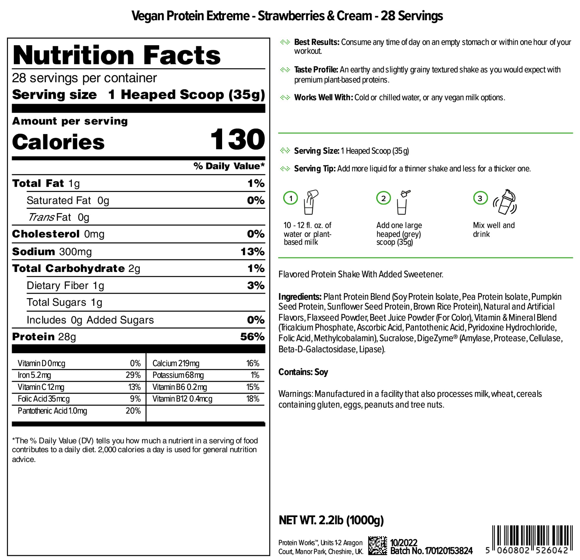 Protein Works Vegan Protein Extreme - High Protein Plant Based Powder Shake, Strawberries 'n' Cream Flavor, 2.2lb for Muscle Recovery & Post-Workout Nutrition | Ideal for Vegan Athletes & Fitness Enthusiasts