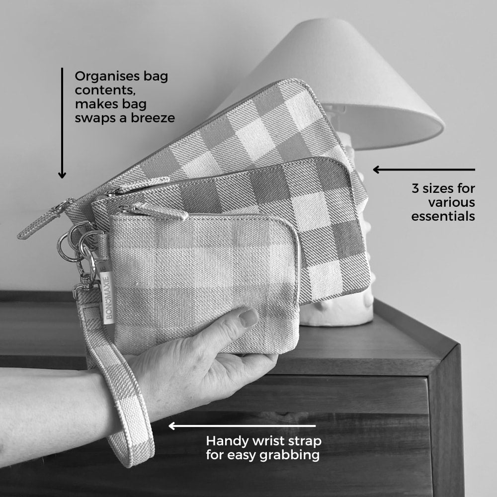 Bag Buddies Organizer Pouch Set - Muted Gingham Pattern for Purse & Backpack Organization | Travel & Daily Essentials Storage