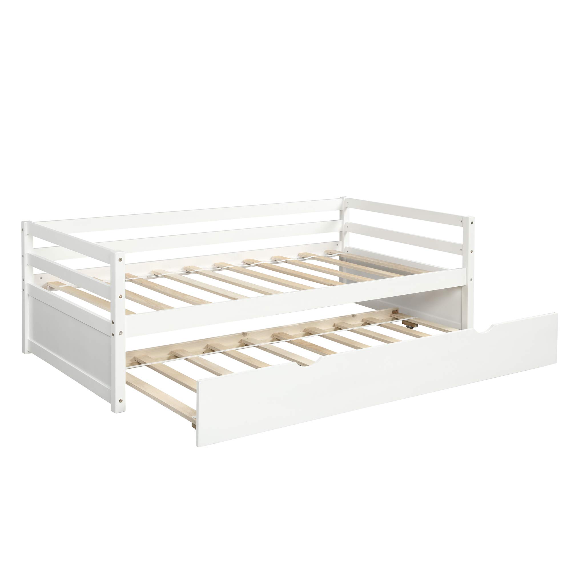 Solid Wood Twin Daybed with Trundle - White Twin Bed Frame for Guest Room, Kids Room & Small Spaces - Sturdy Wooden Daybed with Pull-Out Trundle for Extra Sleeping Space