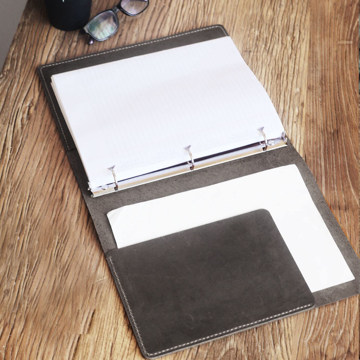 Premium Distressed Grey Leather Binder Cover - 3-Ring Portfolio for 8.5 x 11 Refill Paper | Professional Organizer for Office, School & Business Meetings
