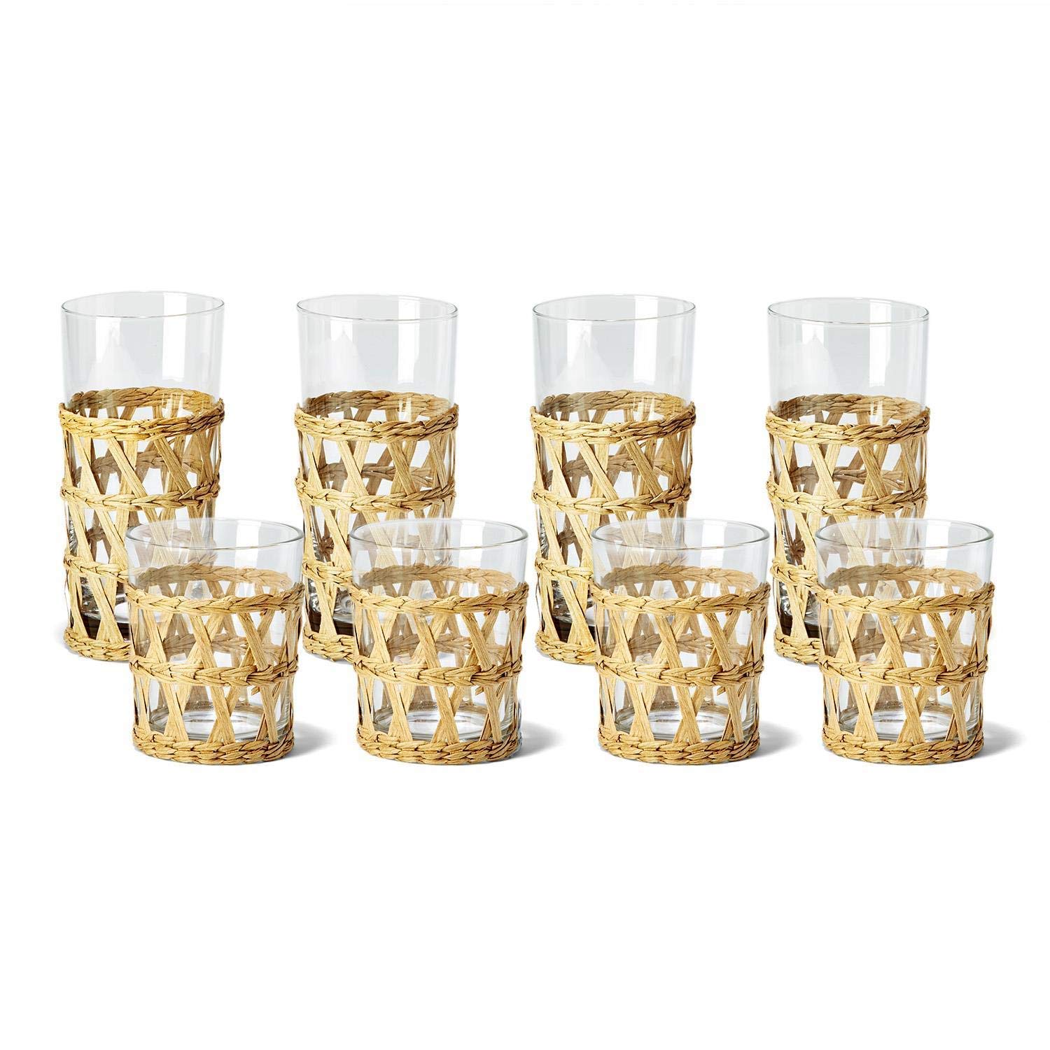 Two's Company Island Chic Drinking Glass Set - 24-Piece Hand-Woven Lattice Design for Tropical Cocktails, Beach Parties & Summer Entertaining