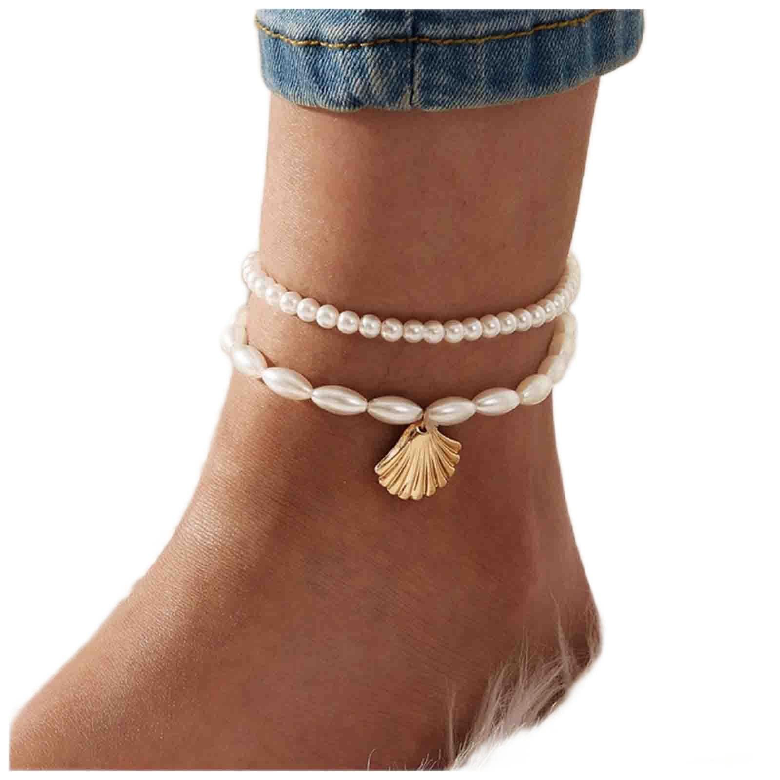 Bohemian Layered Pearl Anklet - Adjustable Gold Scallop Dangle Ankle Bracelet with Oval Pearls & Cowrie Shells | Summer Beach Jewelry for Women | Perfect for Vacations, Weddings & Boho Fashion