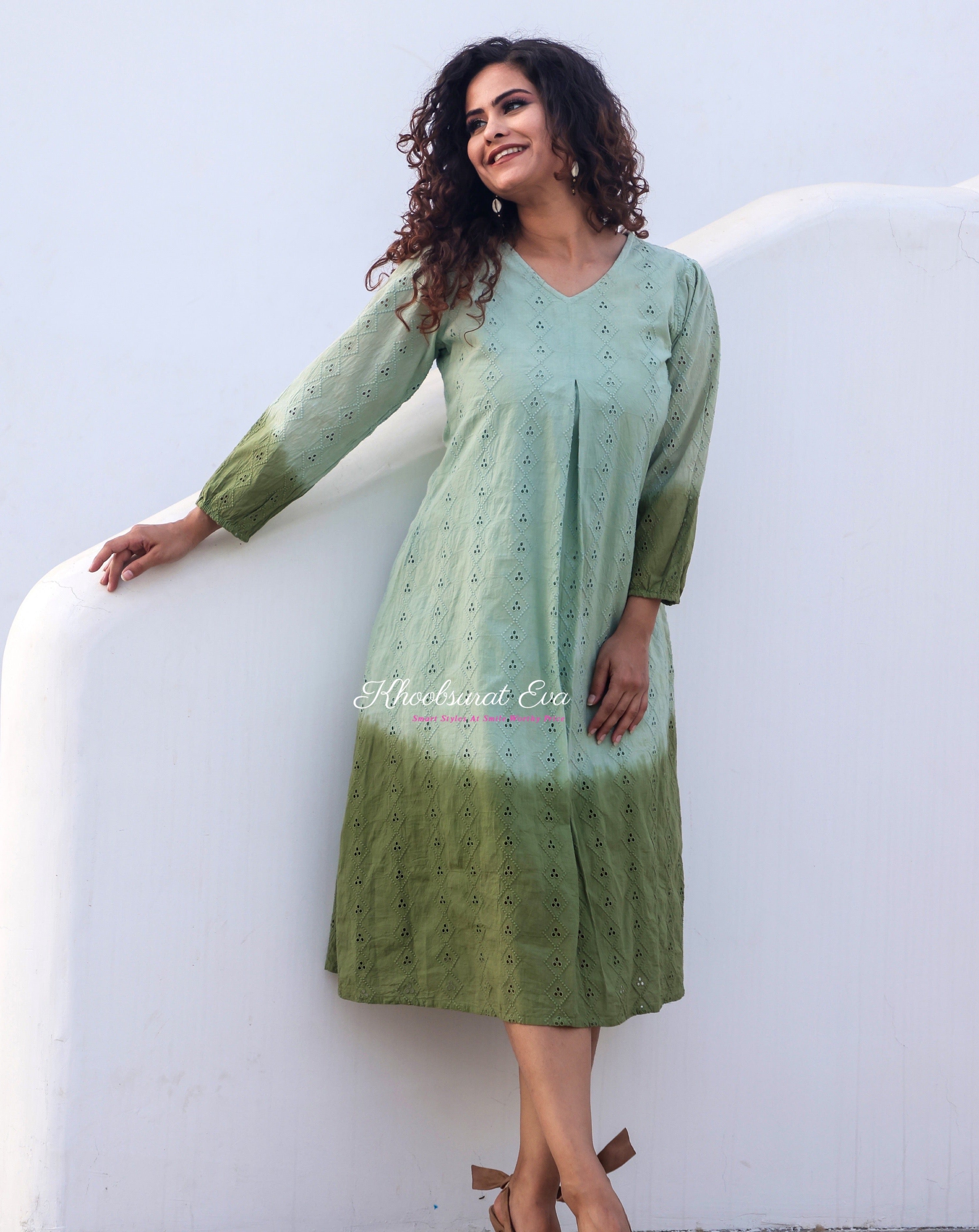 Pista Green Embroidery Ombre Dress for Women - Elegant Floral Summer Maxi Dress for Beach, Wedding & Special Occasions