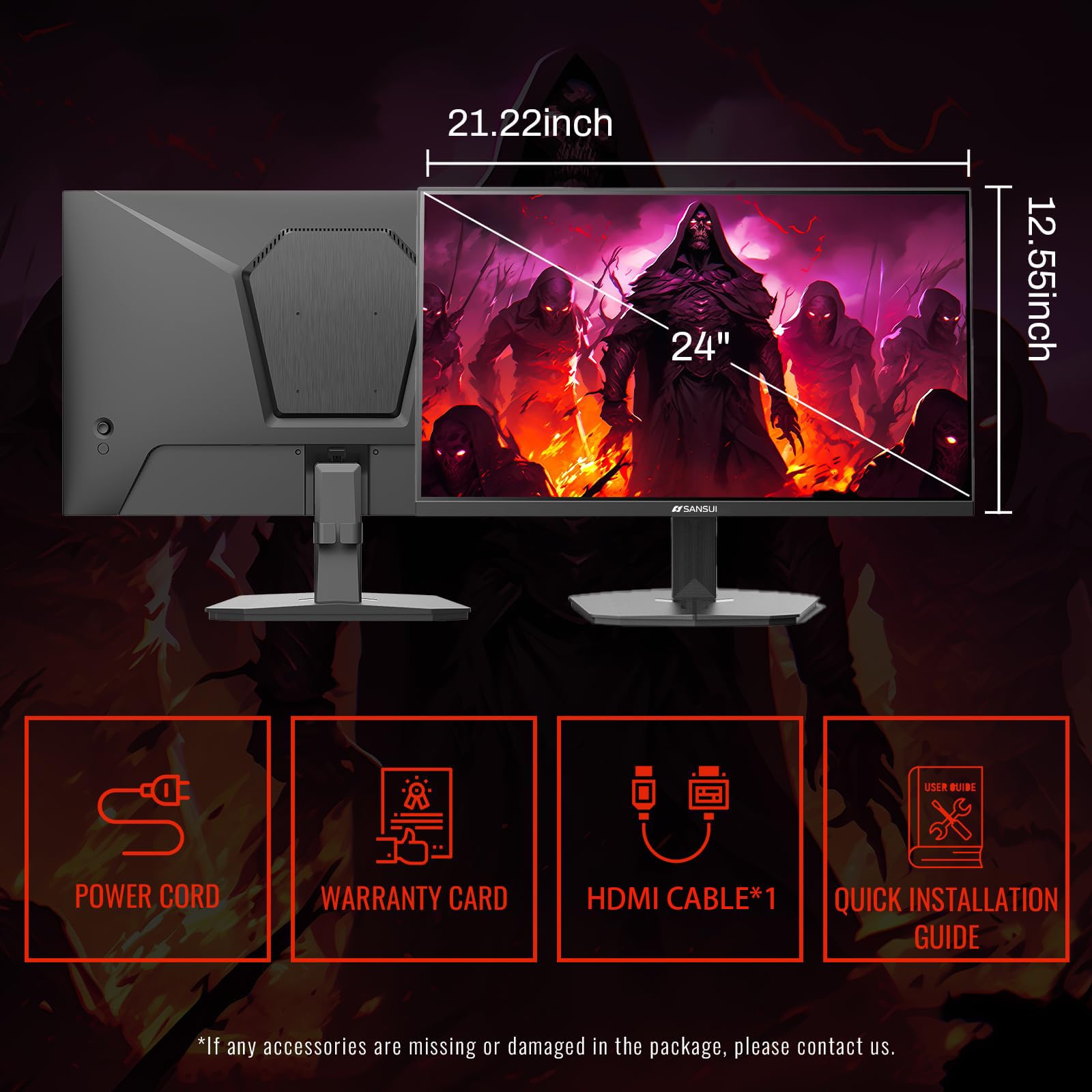 SANSUI 24 Inch Gaming Monitor 180Hz 1ms Response Time, AMD FreeSync, HDR, 110% sRGB, FHD 1080P, HDMI & DP Ports, Eye Care, Frameless Design, VESA Mount - Perfect for Esports, PC Gaming & Home Office Setup (Includes HDMI Cable)