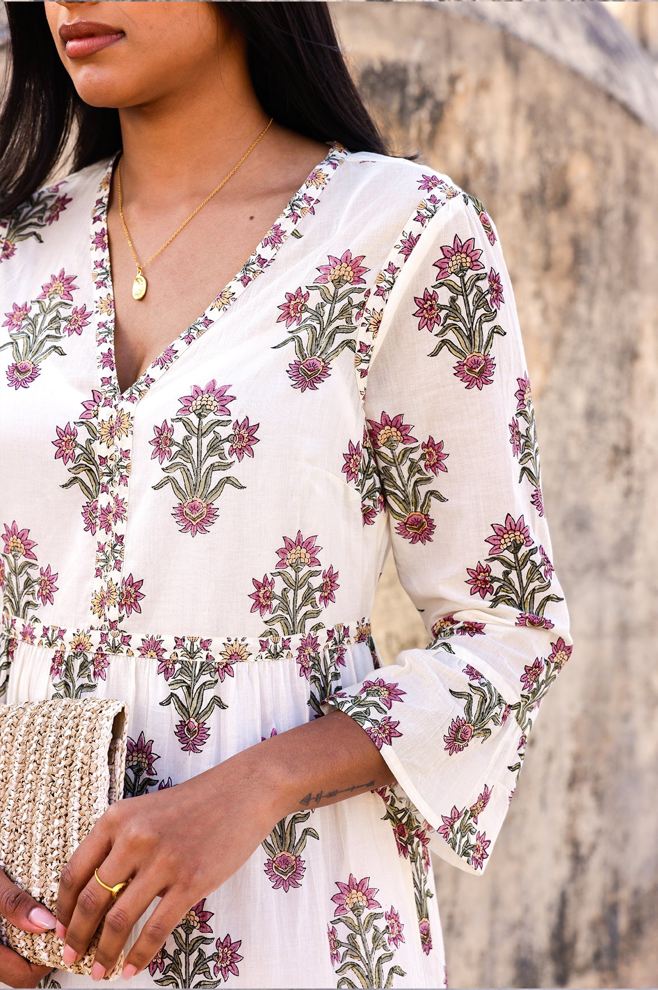 Hayden Organic Cotton Block Print Dress - Antique Wildflower Pattern in Cream, Red & Green | Boho Chic Summer Dress for Beach, Vacation & Casual Wear