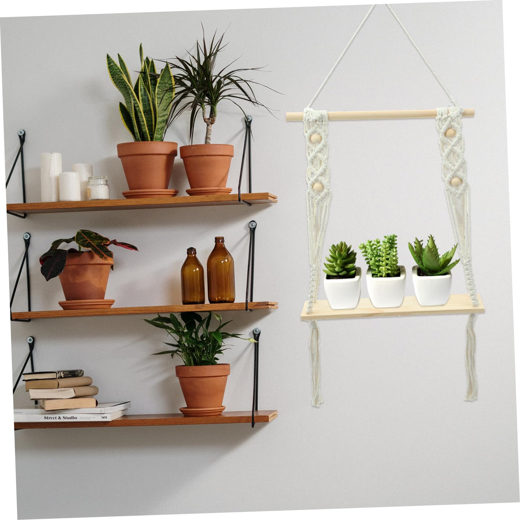 WATIIFUFU Wooden Wall Shelf Set - Rustic Floating Shelves for Home Decor, Hanging Plant Shelf, Wall Mounted Storage - Perfect for Living Room, Bedroom, Bathroom & Office Organization