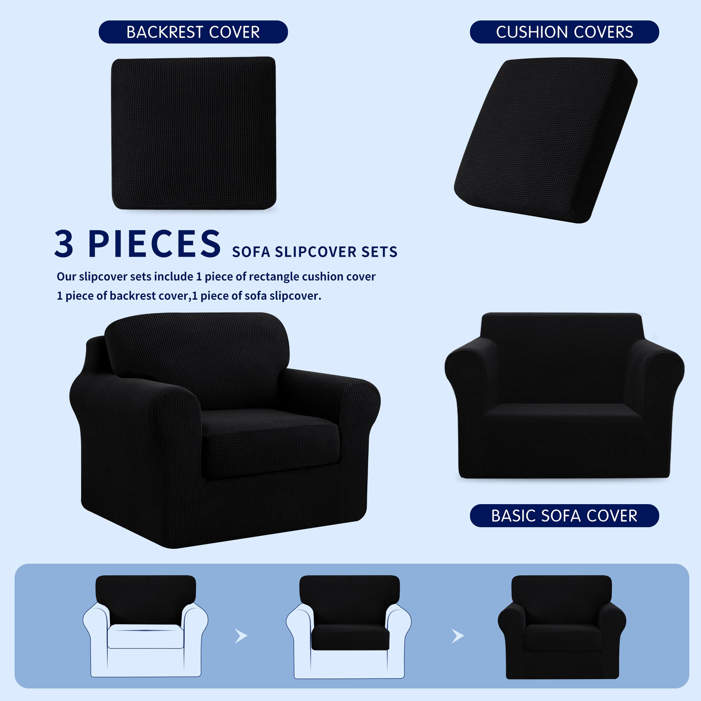 SUBRTEX 3-Piece Armchair Cover & 7-Piece Sofa Slipcover Set - Stretchable Couch Cover with Separate Backrest & Cushion Covers - Living Room Furniture Protector (Small/Large, Black) | Perfect for Home Decor, Pet Protection & Furniture Renewal