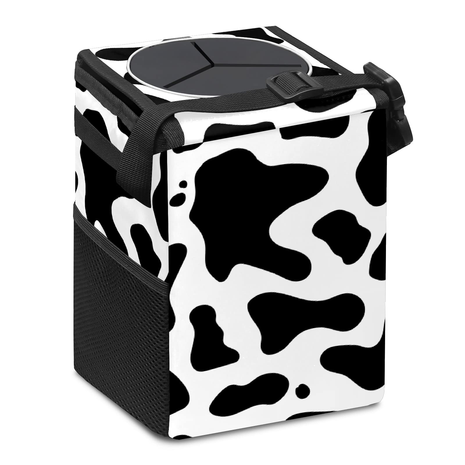 Western Black & White Cow Print Collapsible Car Trash Can with Lid - Reusable Waterproof Auto Garbage Bin for Car, Truck & SUV | Perfect for Road Trips, Commuting & Keeping Vehicle Interior Clean