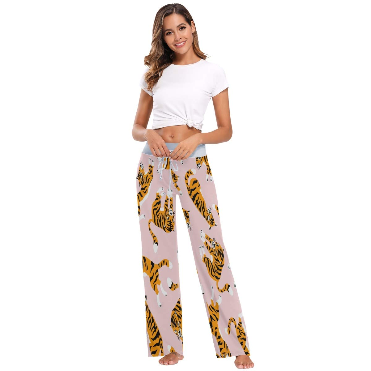 ALAZA Cute Tiger Print Pink Women's Pajama Lounge Pants - Soft Stretchy Wide Leg Sleepwear for Women - Perfect for Sleepovers, Relaxing at Home & Cozy Loungewear