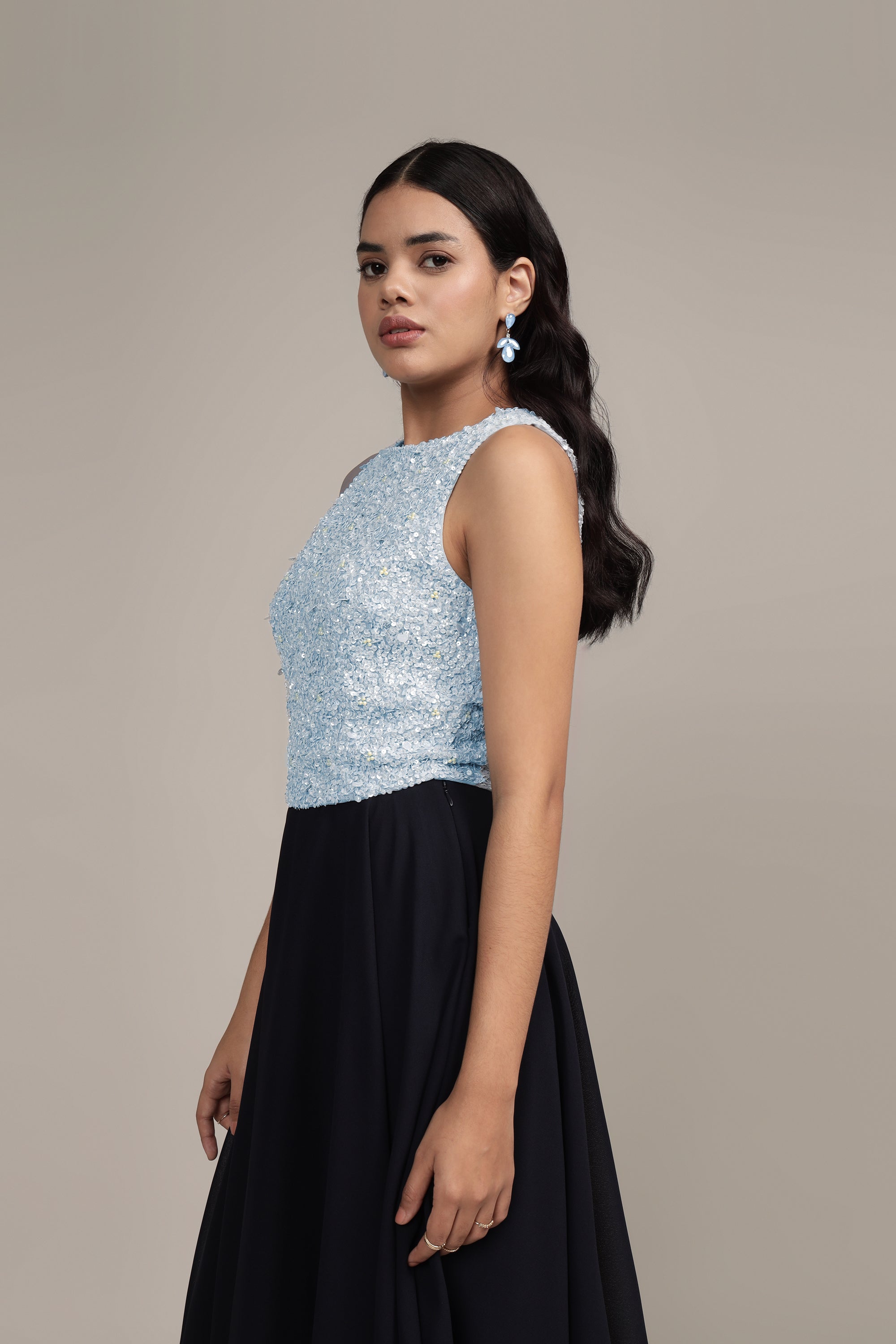 Light Blue Embellished Picasso Top for Women | Elegant Blouse for Casual Wear, Office & Special Occasions