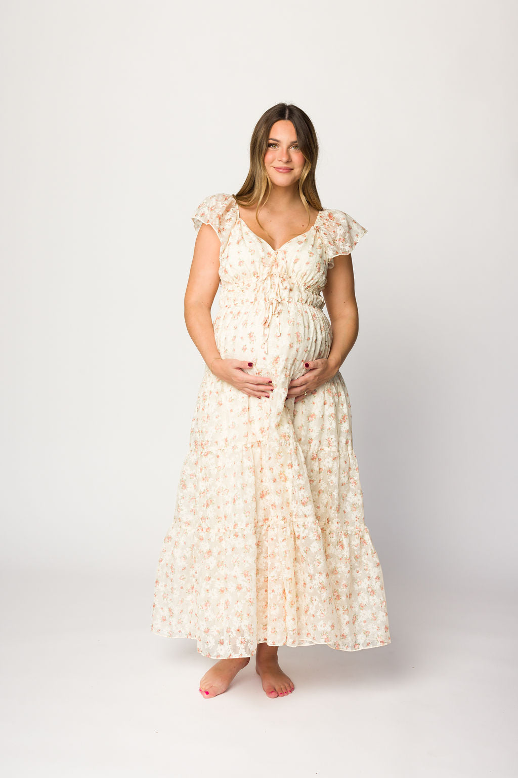 Elegant Floral & Gingham Ruffled Maxi Dress for Women - Cream Peach Summer Dress, Boho Chic Beach Wedding Guest Outfit, Perfect for Vacations & Outdoor Parties