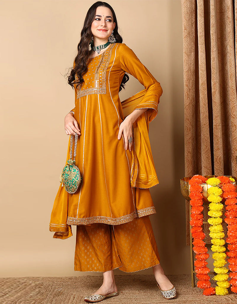 Anarkali Suit with Plazo Pant - Rich Gold Blended Silk Pant Suit for Women | Elegant Indian Ethnic Wear for Weddings, Parties & Festive Occasions
