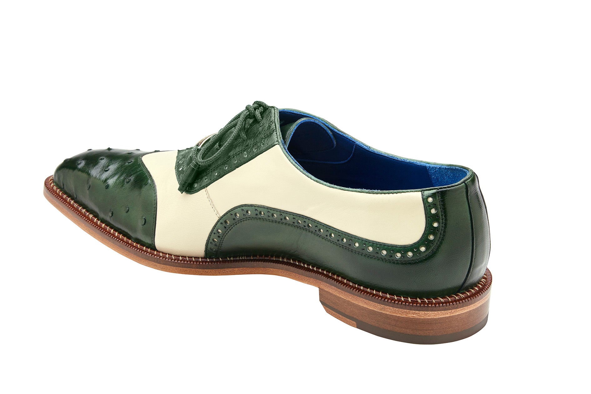 Belvedere Sesto Genuine Ostrich Quill & Italian Leather Wingtip Dress Shoes - Forest Green/Cream - Size R54 | Premium Men's Formal Shoes for Weddings, Business Meetings & Special Occasions