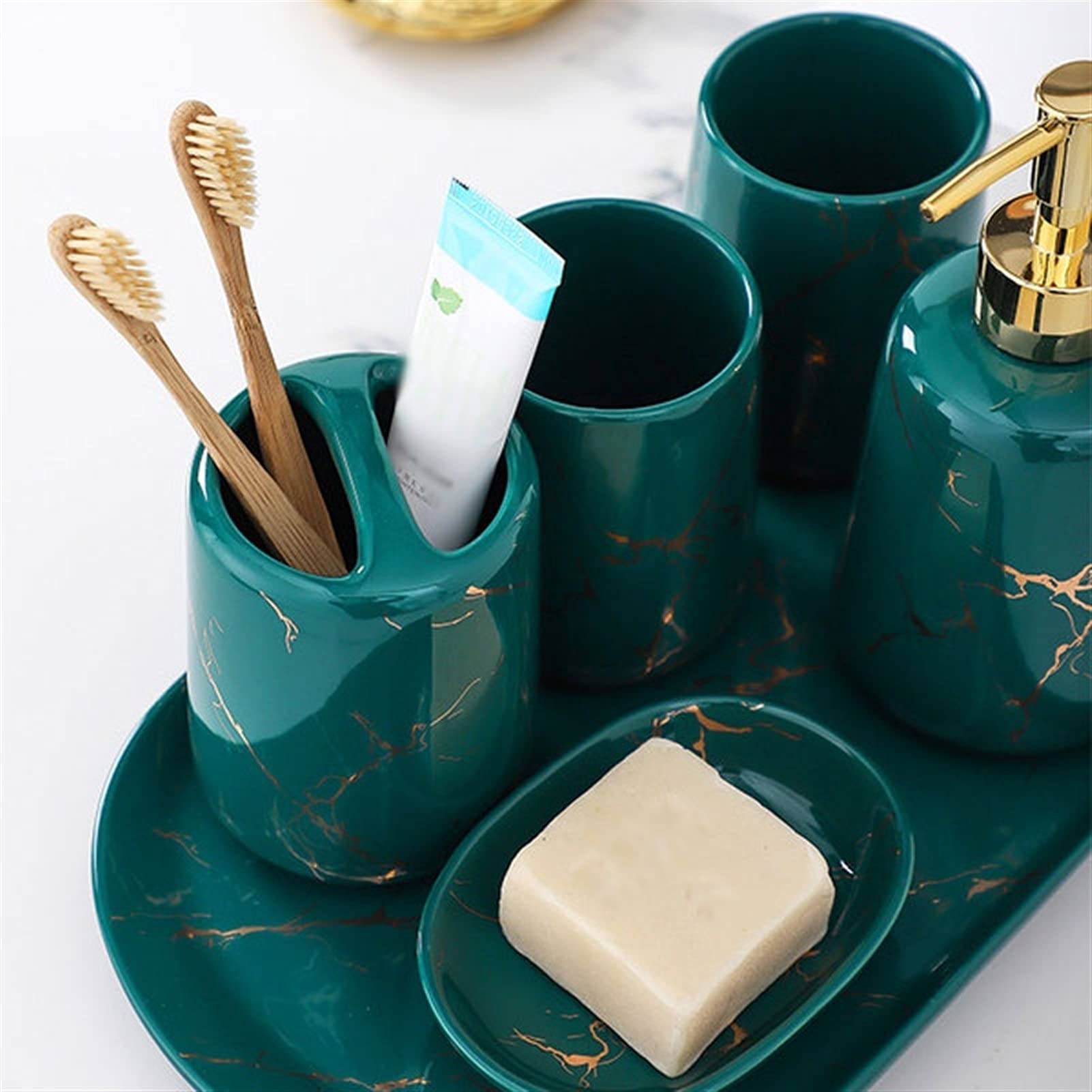 Premium 6-Piece Ceramic Bathroom Accessories Set - Refillable Liquid Soap Dispenser, Toothbrush Holder, Tumbler, Soap Dish & Tray | Elegant Hotel & Home Decor for Bathroom, Restroom, Kitchen Sink Organization