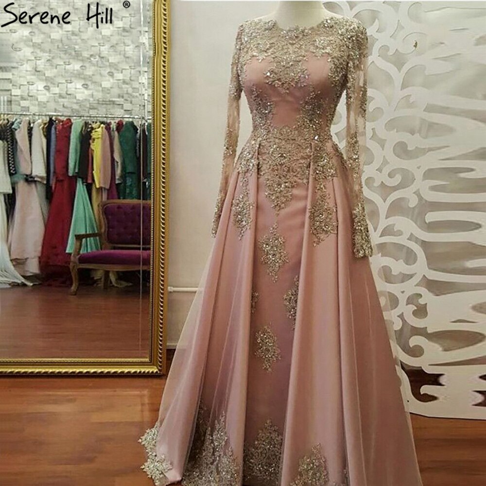 Elegant Muslim Pink Beaded Evening Gowns for Women - Luxury 2025 Party Dress with Overskirt LA71276 | Perfect for Weddings, Galas & Formal Events
