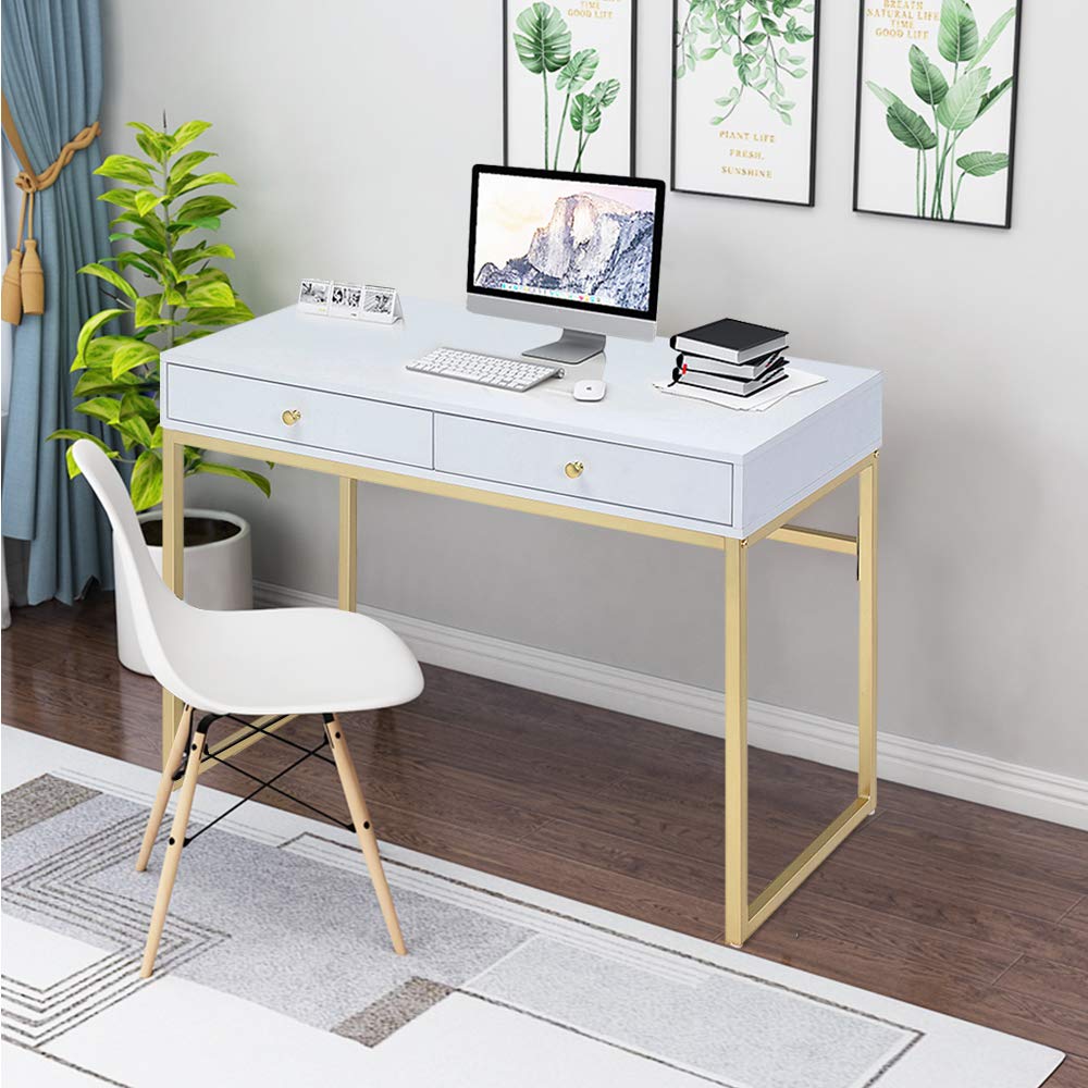 Modern White & Brass Office Desk with 2 Storage Drawers - HomVent Contemporary Writing Computer Desk for Home Office, Study Room, or Vanity Makeup Station - Sturdy Metallic Legs & Spacious Work Surface