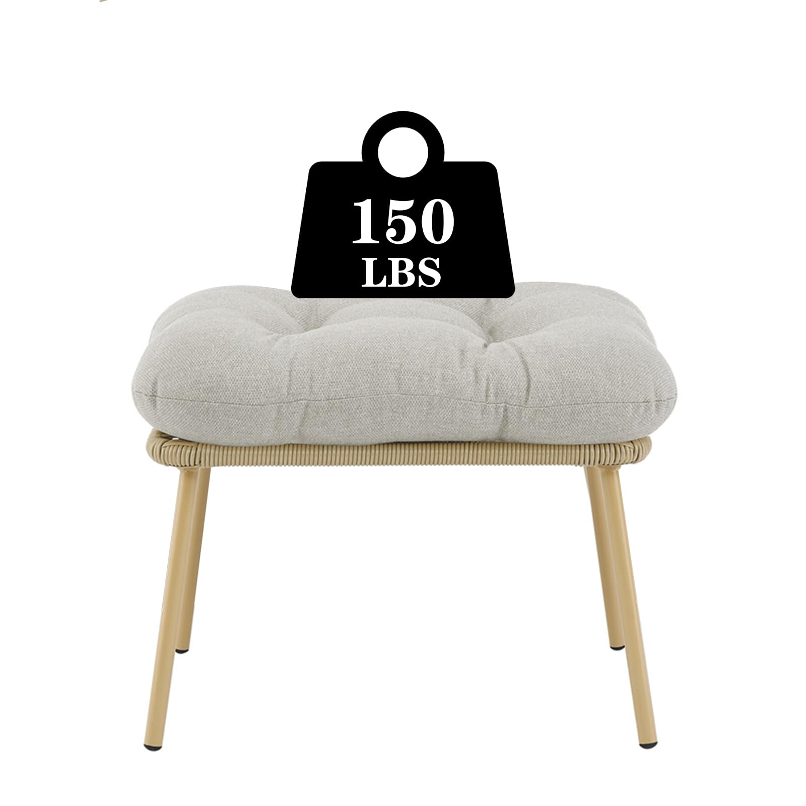 Outdoor Wicker Ottoman with Thick Cushion - Rattan Footrest Stool for Patio, Porch, Garden - Yellow/Beige - Perfect for Relaxing in Backyard or Outdoor Living Spaces