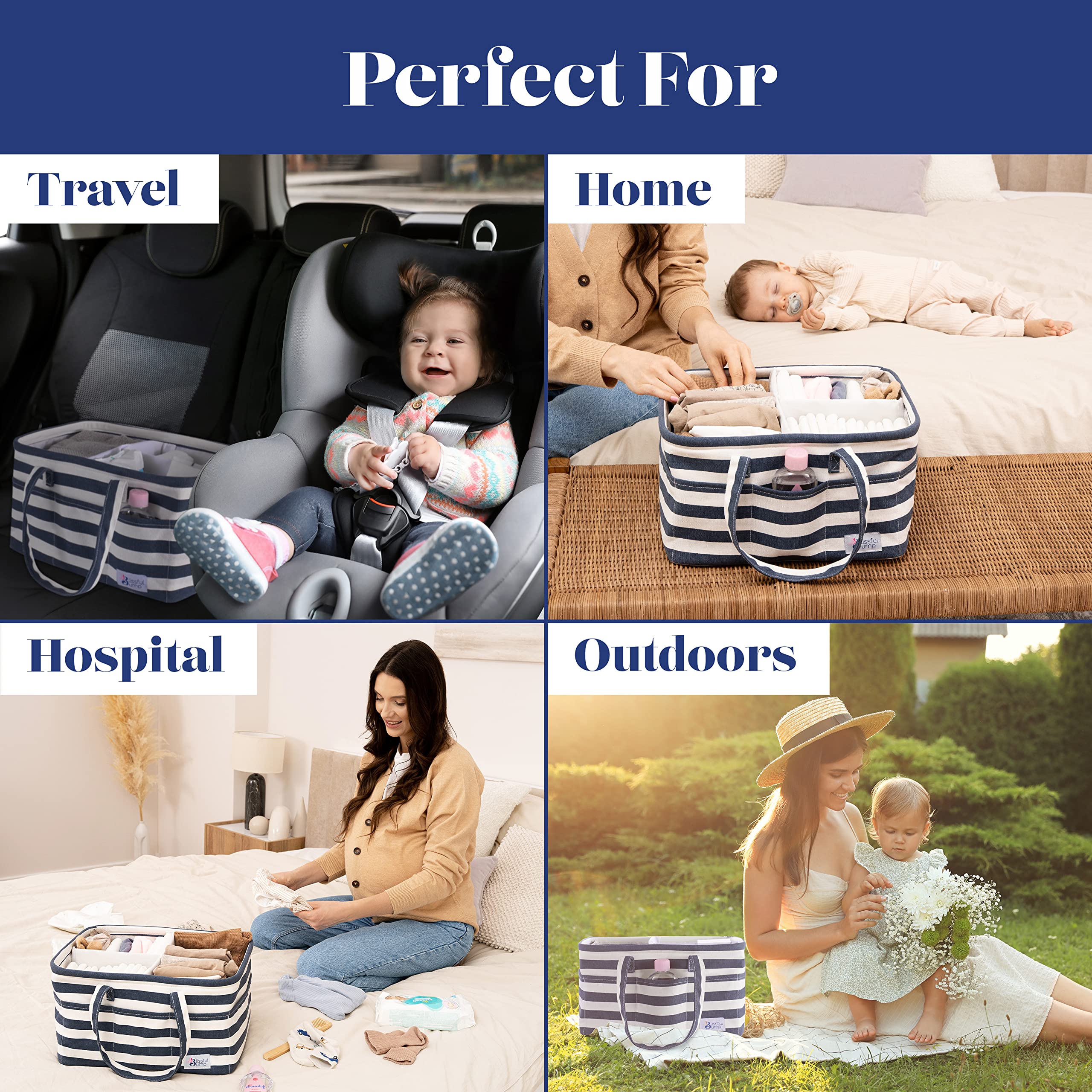 Extra Large Baby Diaper Caddy Organizer - Newborn Diaper Bag Storage with Striped White & Navy Blue Design by Blissful Bump | Perfect for Nursery, Baby Shower Gifts & On-the-Go Parents