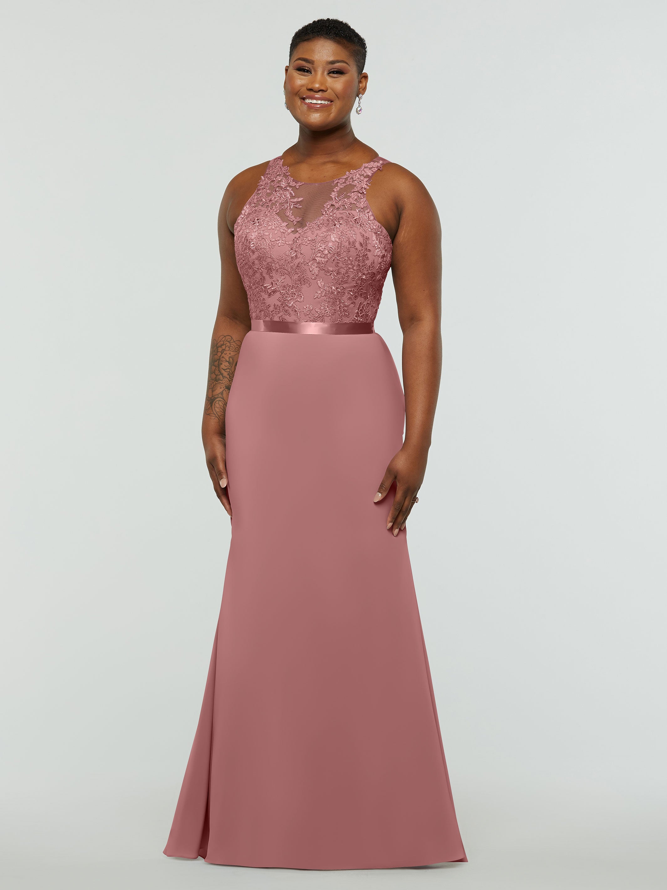 Elegant 80095 Stretch Chiffon Fit and Flare Bridesmaid Dress with Lace Illusion Bodice - Perfect for Weddings, Formal Events & Special Occasions
