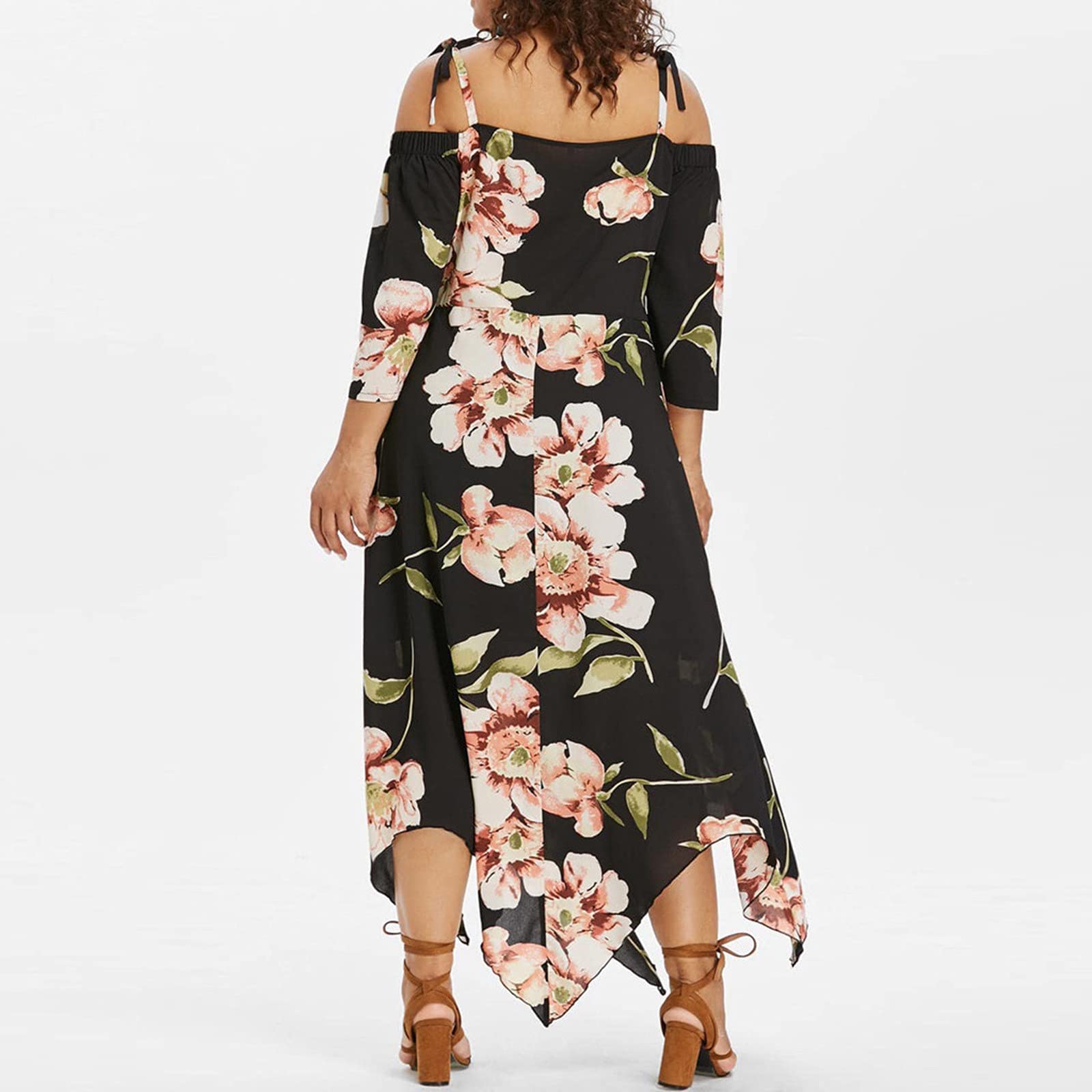 Plus Size Floral Print Boho Dress for Women - Elegant Strap Sleeveless Off Shoulder Midi Dress with Asymmetric Hem | Perfect for Beach Vacations, Summer Parties & Boho Chic Outfits