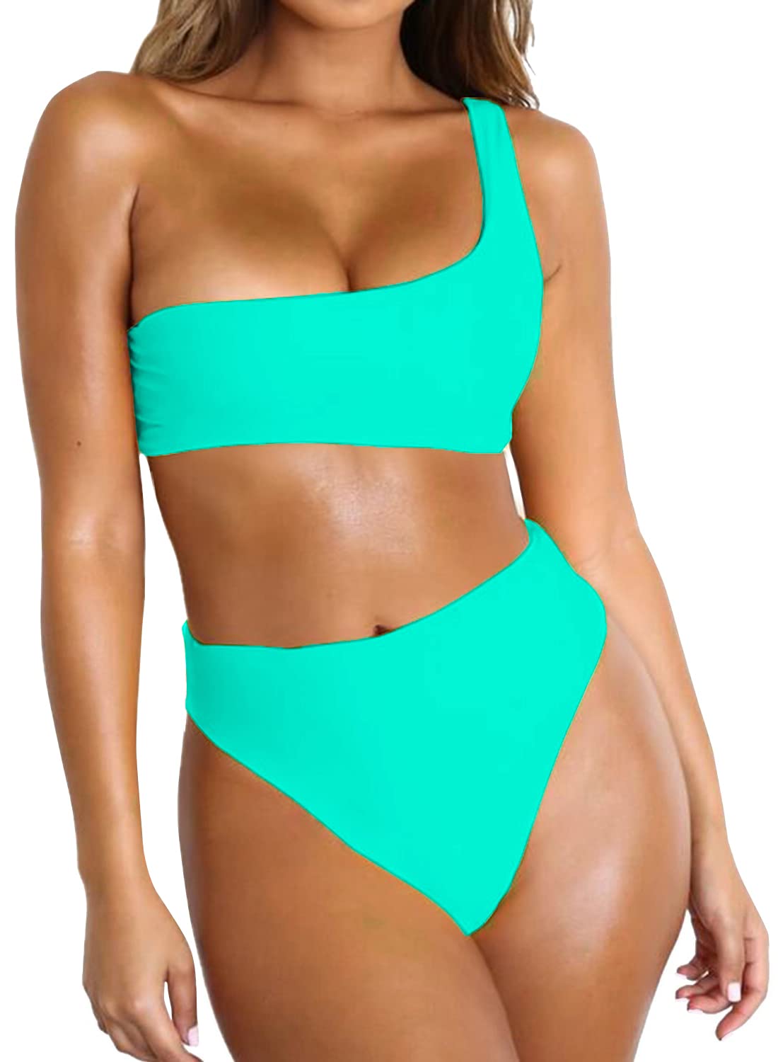 Byoauo Women's One Shoulder Bikini Top & High Waisted Bottom 2-Piece Swimwear Set - Perfect for Beach Vacation, Pool Party and Summer Getaway