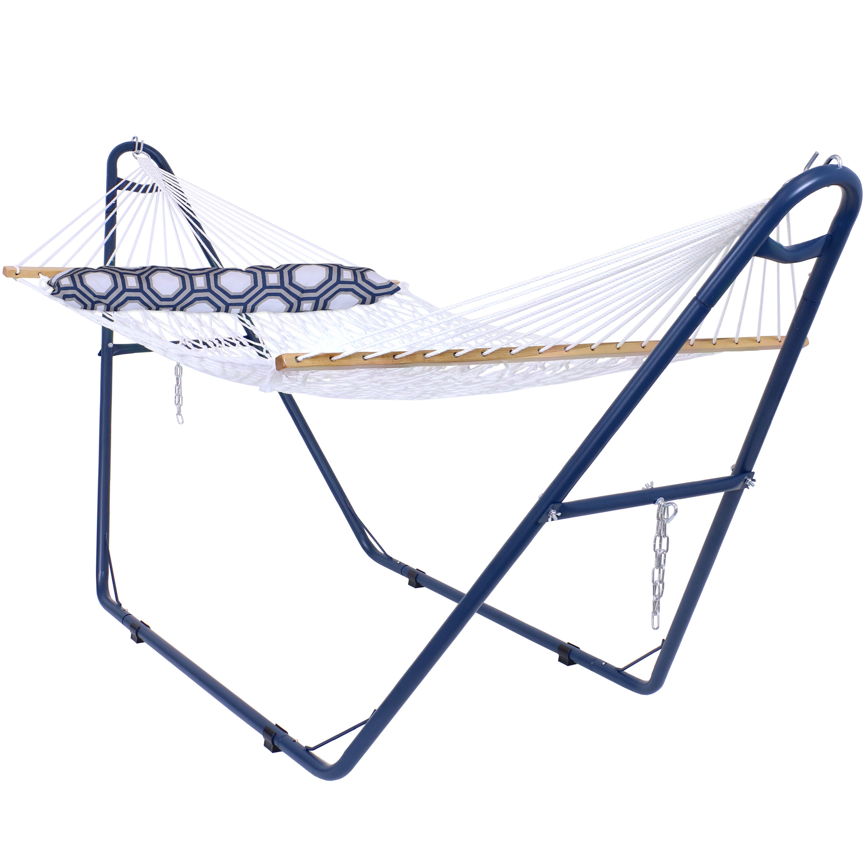 Sunnydaze 2-Person Rope Hammock with Matte Blue Steel Stand - Outdoor Patio, Backyard, Garden Relaxation for Couples