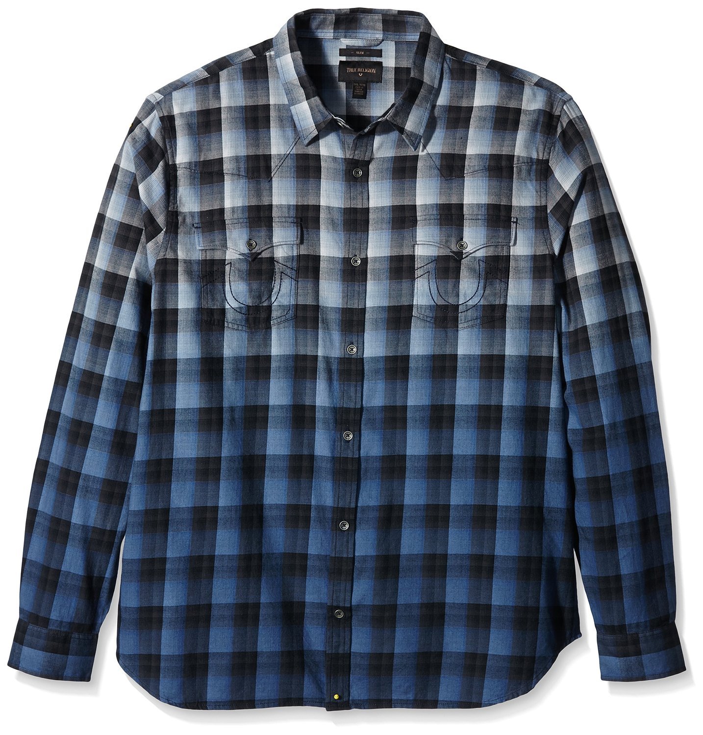 True Religion Men's Dip-Dye Plaid Western Shirt - Stylish Casual & Cowboy Button-Up Shirt for Country Music Festivals & Outdoor Adventures