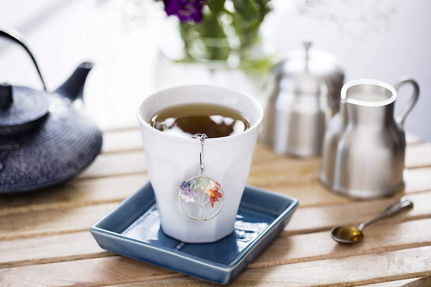 Natural Healing Crystals Quartz Tree of Life Tea Infuser - 7 Chakra Gemstone Pendant with 18/8 Stainless Steel Mesh Tea Ball for Loose Leaf Tea | Perfect for Meditation, Yoga & Relaxation Tea Time