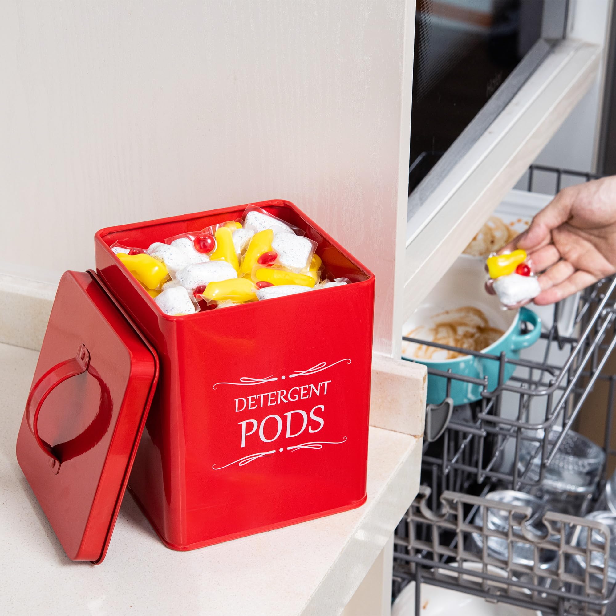 Meraki Home 2-Pack Laundry Detergent Storage Containers with Scoop - Organizer for Detergent Sheets & Pods - Glossy Red Laundry Room Organization Set - Perfect for Small Spaces & Apartment Living