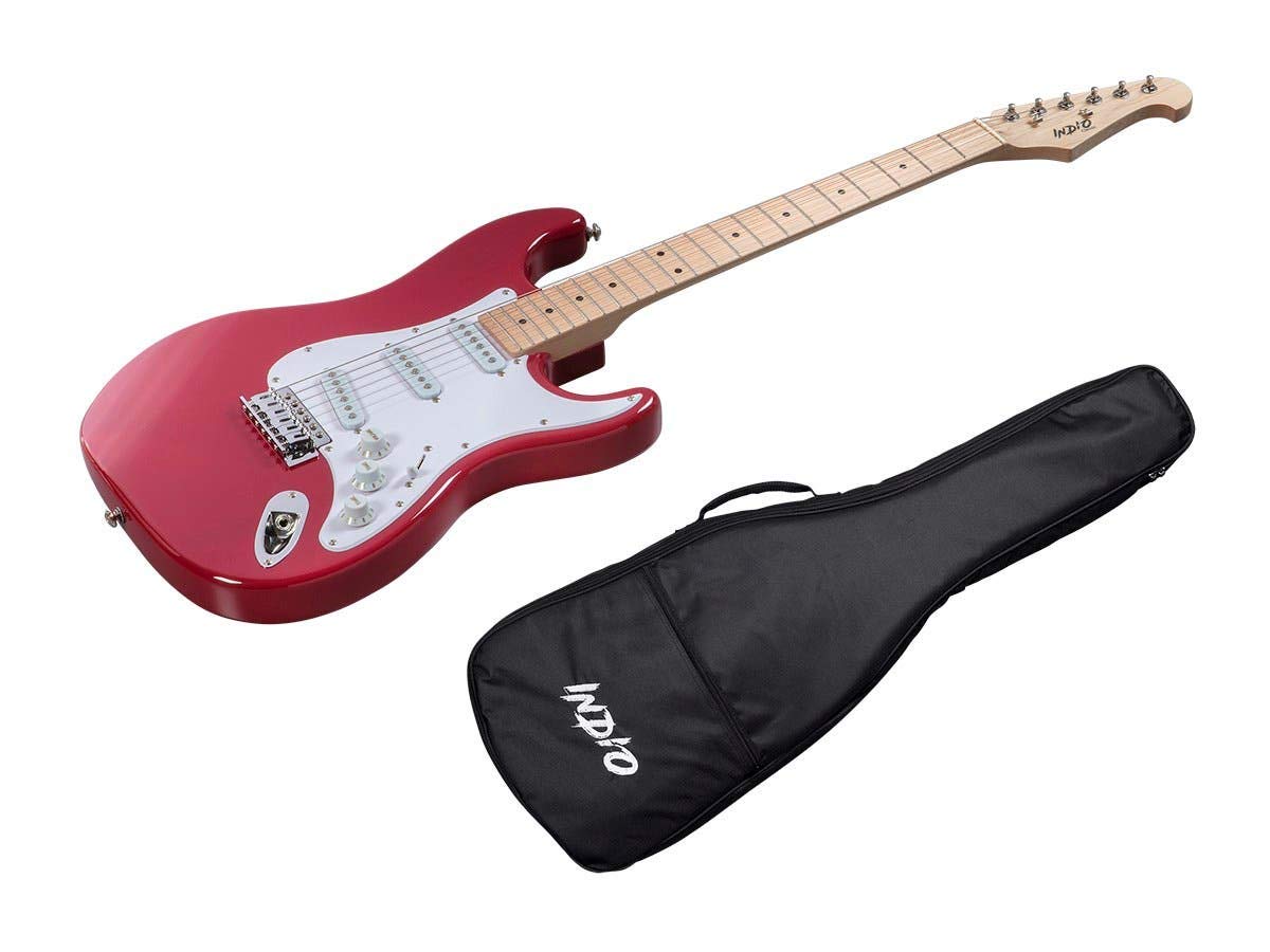 Monoprice Cali Classic Electric Guitar - Wine Red, 6-String Solid Body, Right-Handed, SSS Pickups, Full-Range Tone with Gig Bag | Beginner Guitar for Rock, Blues & Practice | Indio Series