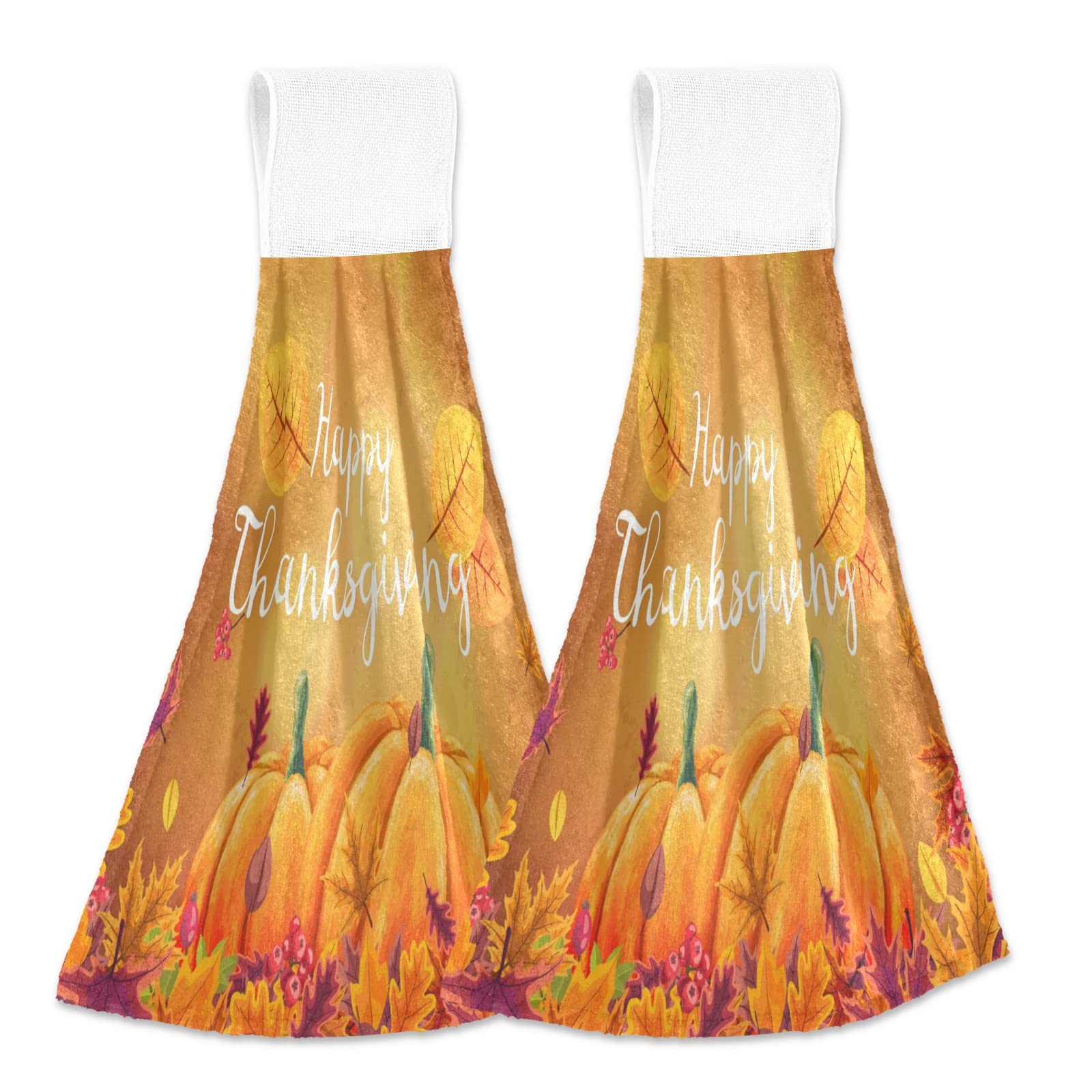 Autumn Leaves Pumpkin Kitchen Hand Towels - 2PCS Super Soft Absorbent Washcloths for Thanksgiving & Farmhouse Decor | Decorative Hanging Tie Towels for Bathroom, Kitchen & Holiday Home Decor
