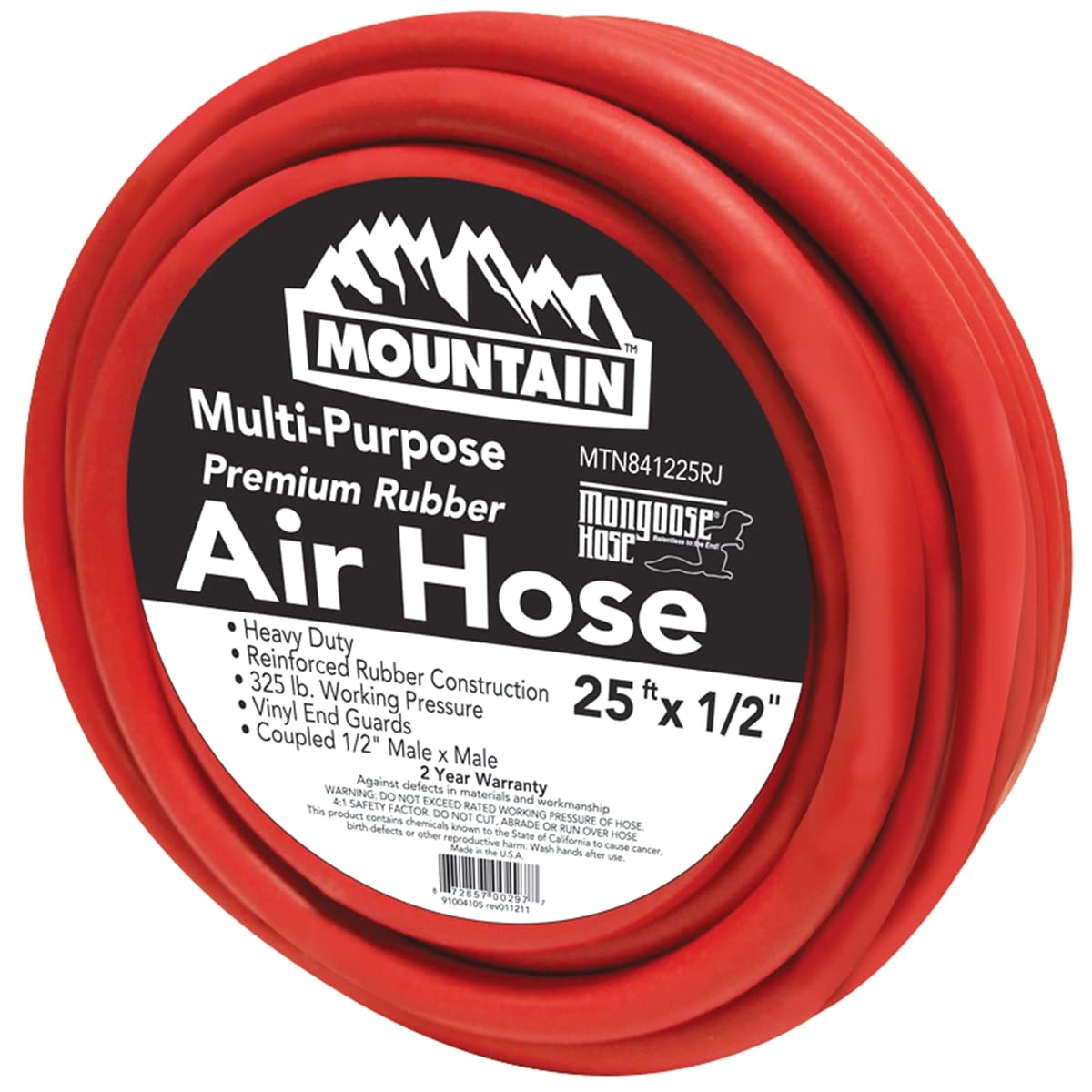 4 Spiral Rubber Air Hose - 25 Ft x 1/2 In ID Heavy Duty Compressor Hose for Pneumatic Tools, Air Compressors & Workshop Use