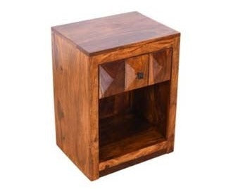 Premium Indian Sheesham Solid Wood Nightstand - 45x35x60cm Handcrafted Bedside Table with Diamond Design | Perfect for Bedroom, Guest Room & Apartment Decor