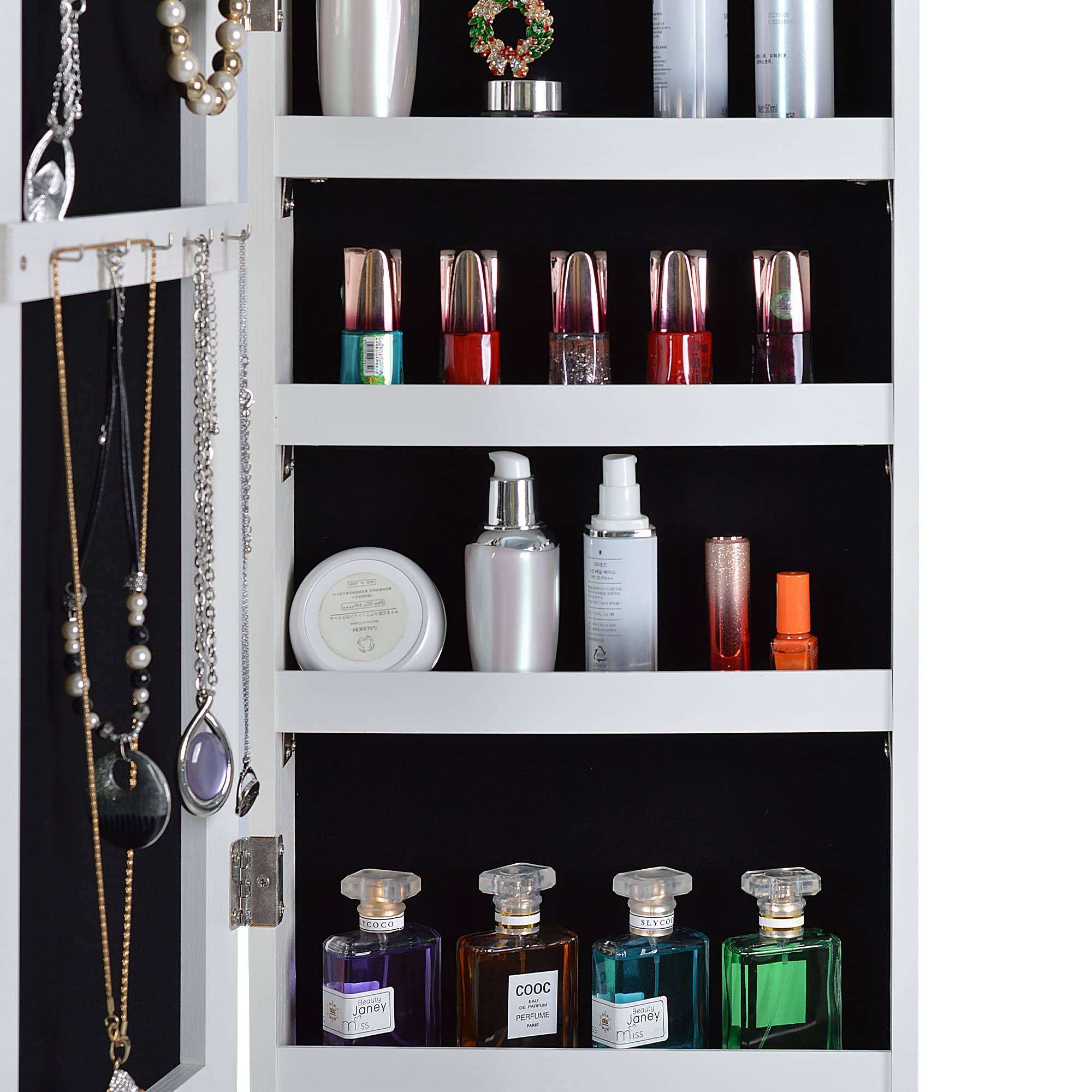 Hanging Mirror Jewelry Cabinet with Storage - Sliding Full Length Mirror Jewelry Armoire Organizer, Wall Mounted & Door Mounted with LED Lights - White - Perfect for Bedroom, Closet & Dressing Room Organization