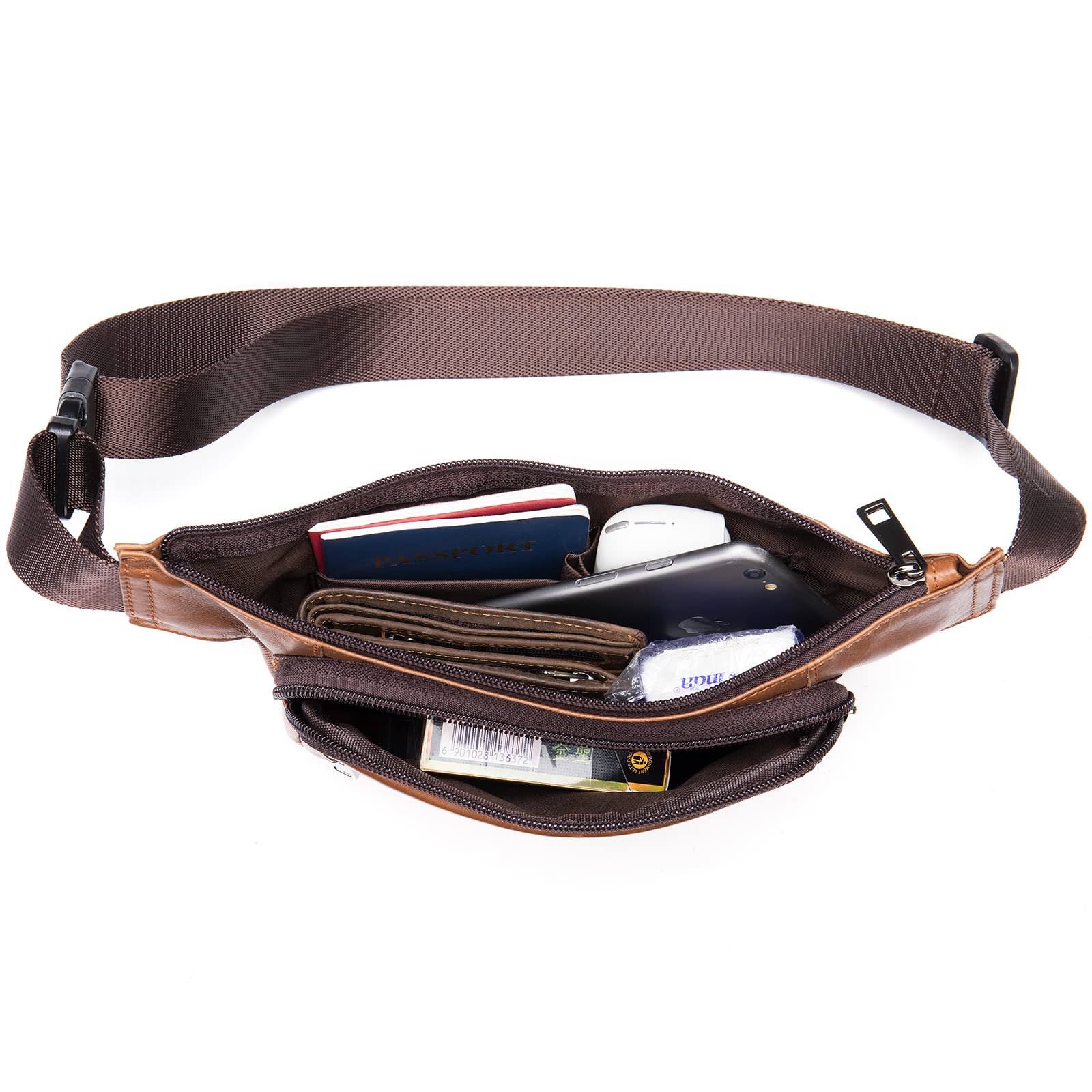 Premium 4-Zipper Leather Fanny Pack for Men & Women - Soft Durable Waist Bag for Running, Hiking, Travel & Outdoor Activities (Brown) - Perfect for Gym, Concerts & Daily Essentials