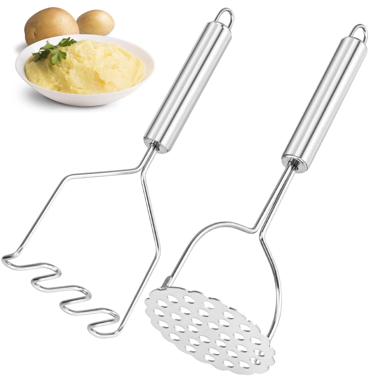 2 Pack Heavy Duty Stainless Steel Potato Masher - Rust-Proof Kitchen Tool for Mashing Potatoes, Vegetables & Fruits - Perfect for Mashed Potatoes, Baby Food & Baking Prep