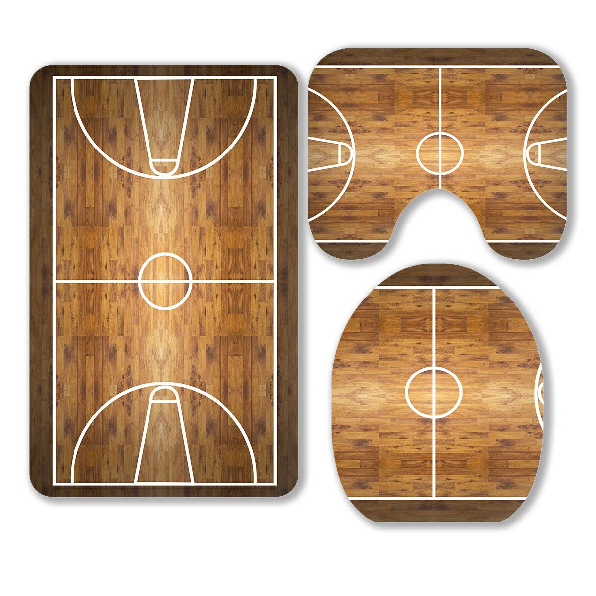 ECZJNT 3-Piece Bathroom Rug Set - Non-Slip Hardwood Basketball Court Design, Contour Mat & Toilet Lid Cover - Perfect for Bathroom, Dorm, and Laundry Room Decor
